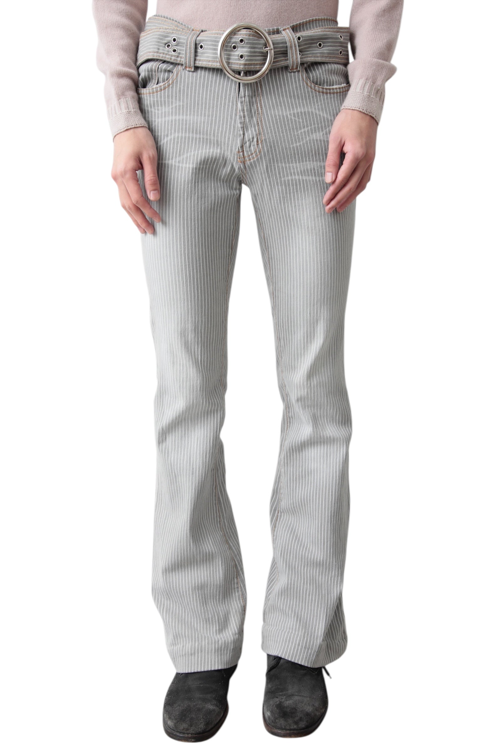 BELTED HICKORY FLARE DENIM PANTS