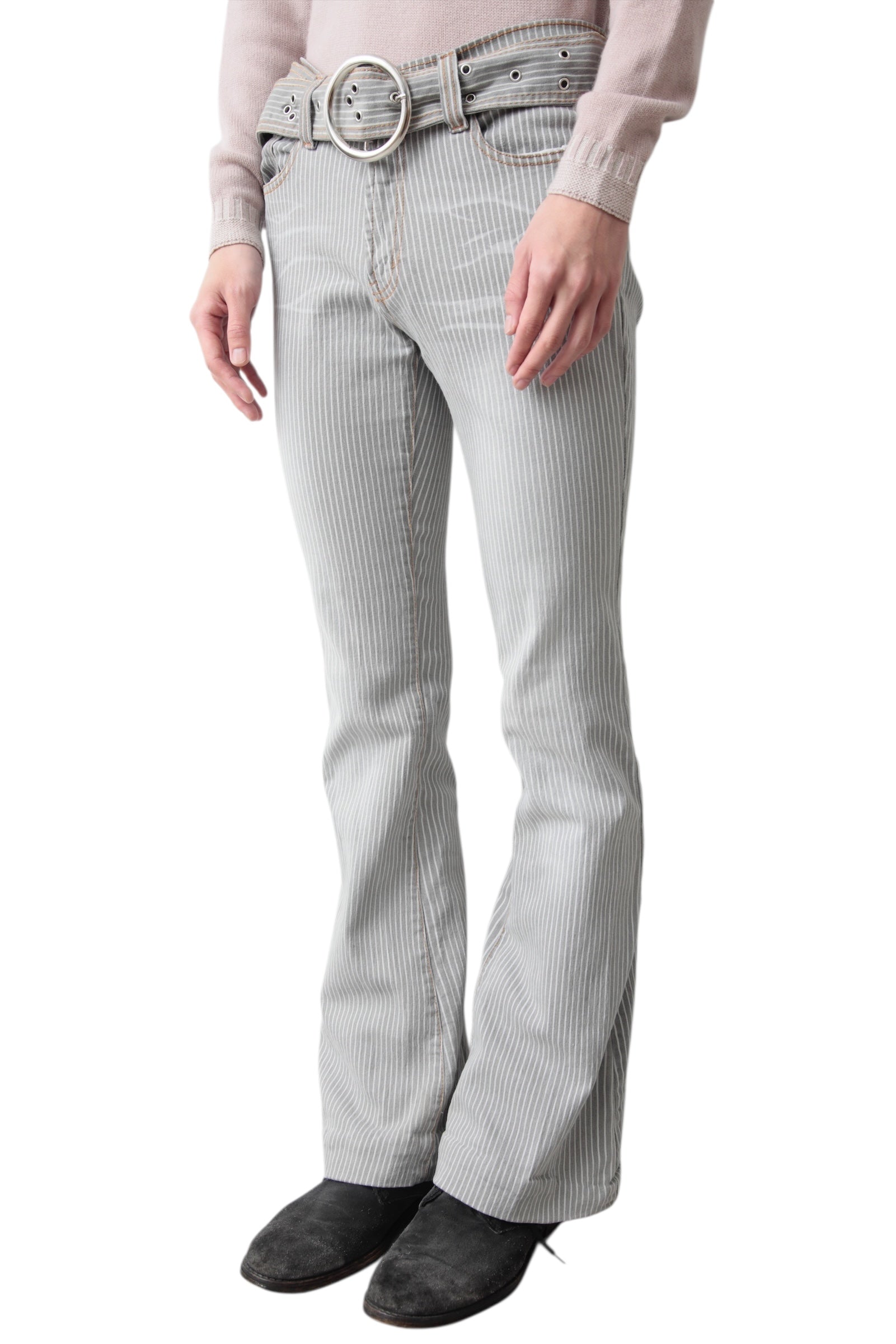 BELTED HICKORY FLARE DENIM PANTS