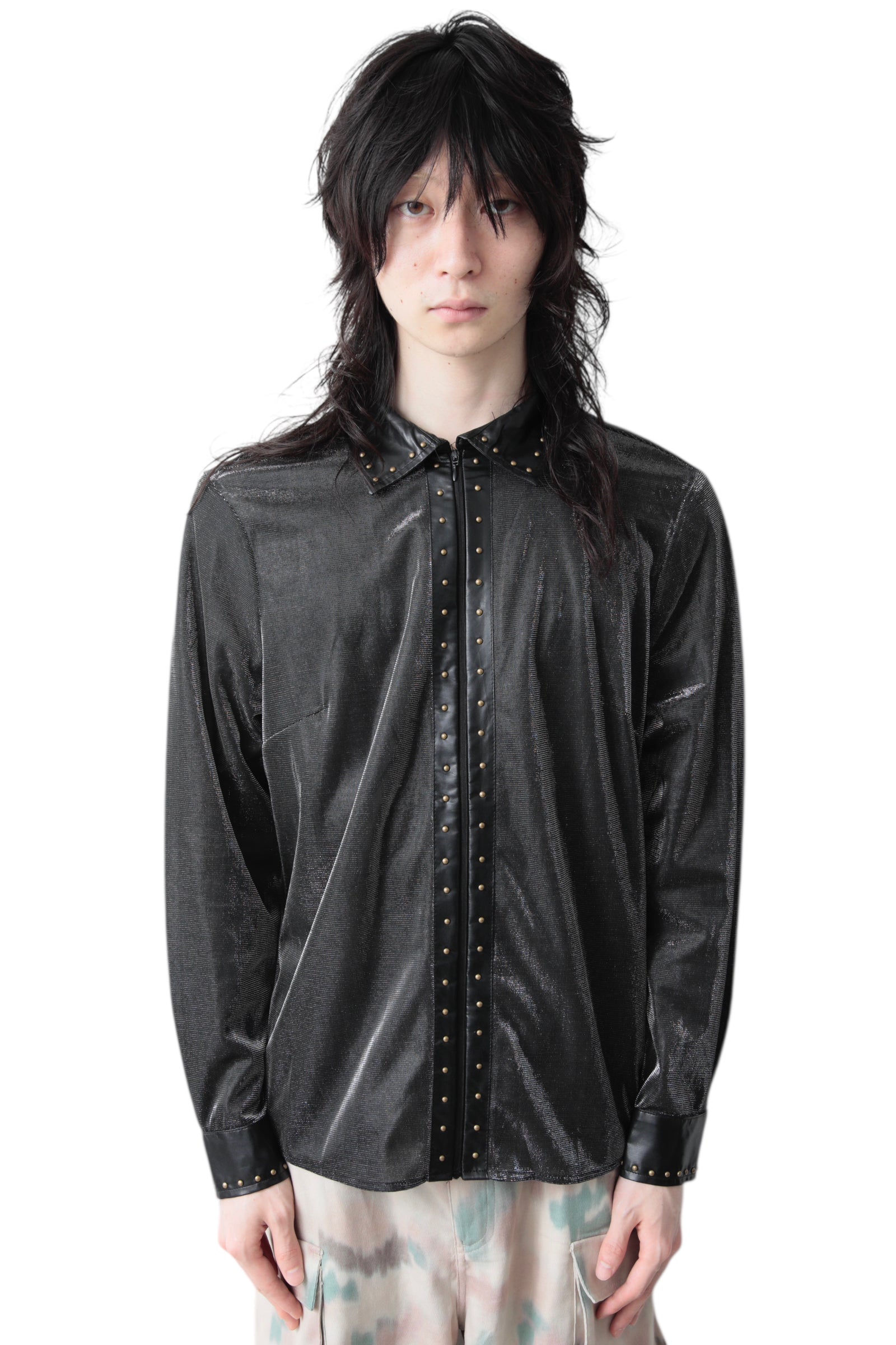 STUDDED LAME ZIP UP SHIRT