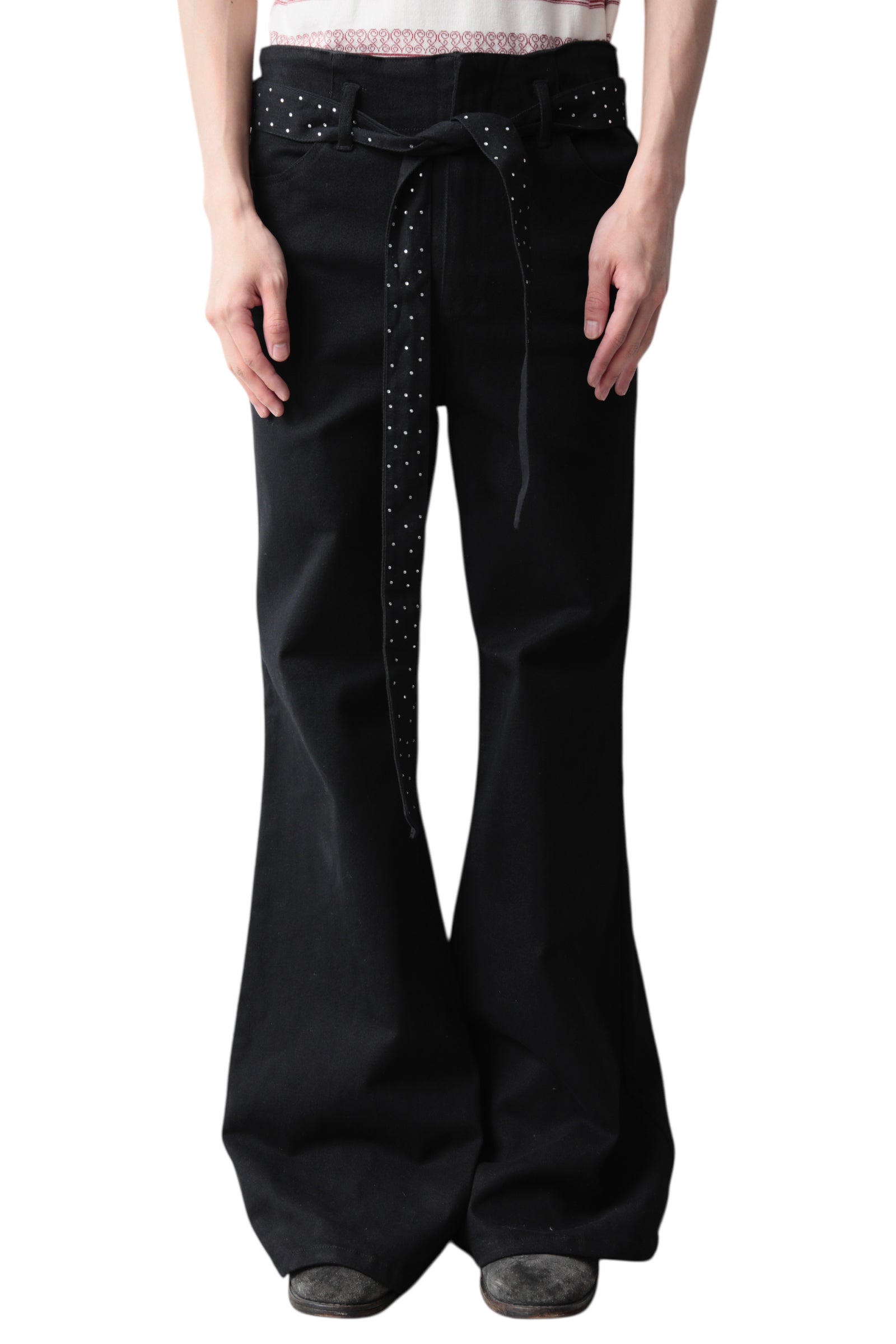 RHINESTONE BELT FLARE DENIM PANTS