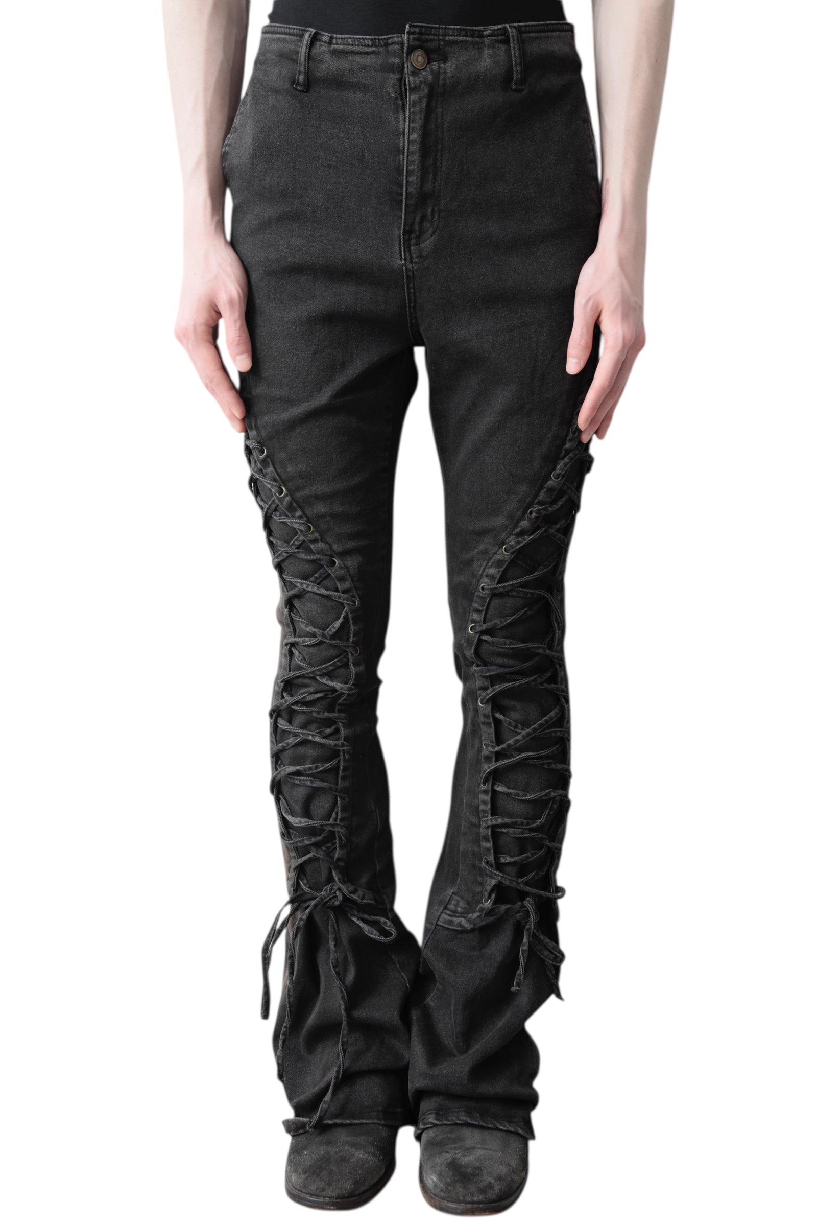 LACE UP FADED FLARE DENIM PANTS