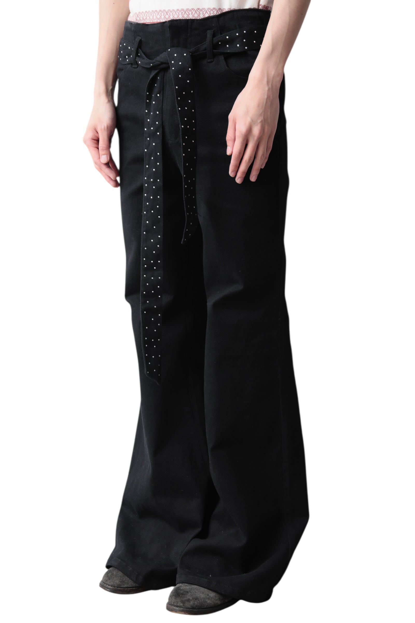 RHINESTONE BELT FLARE DENIM PANTS