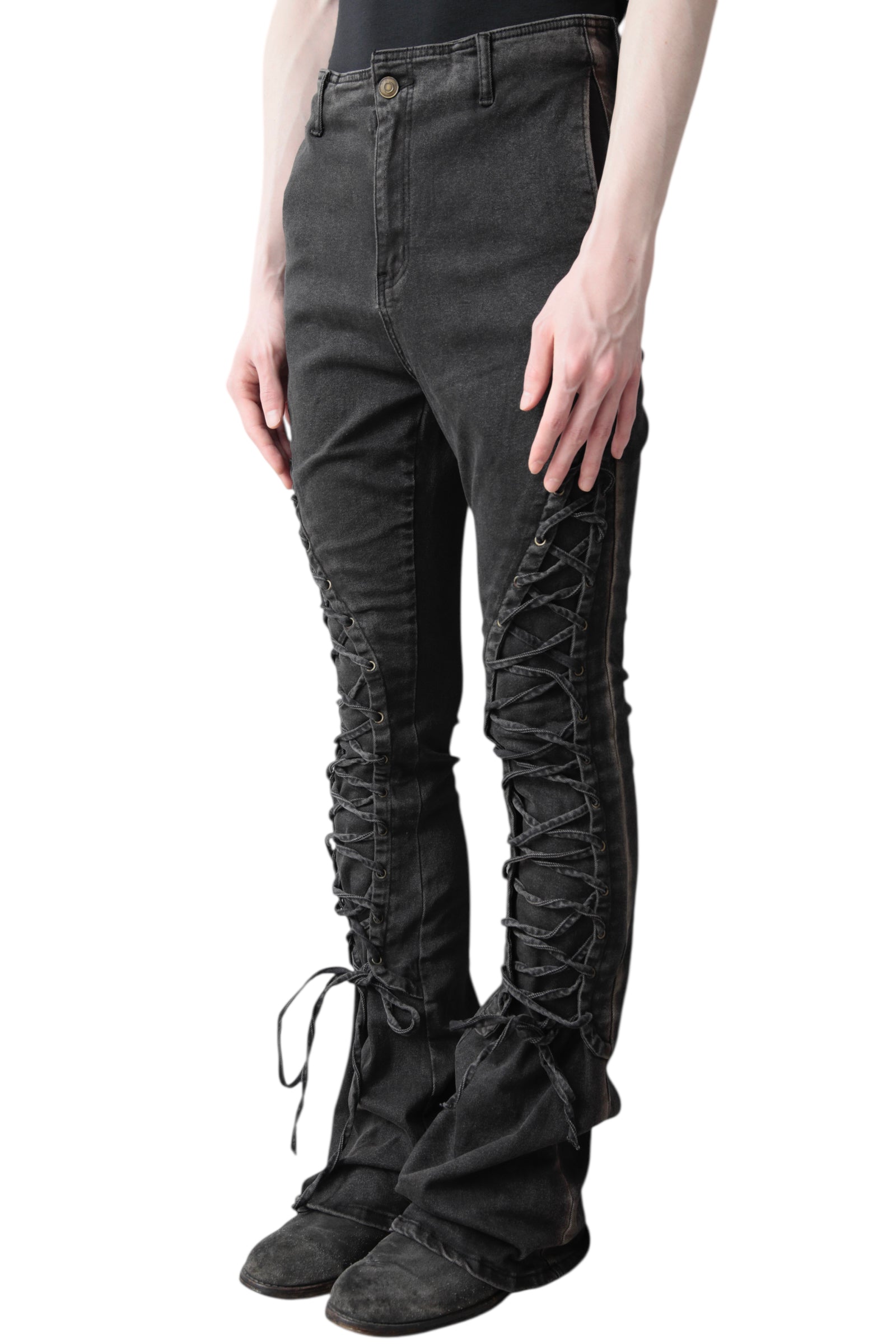 LACE UP FADED FLARE DENIM PANTS