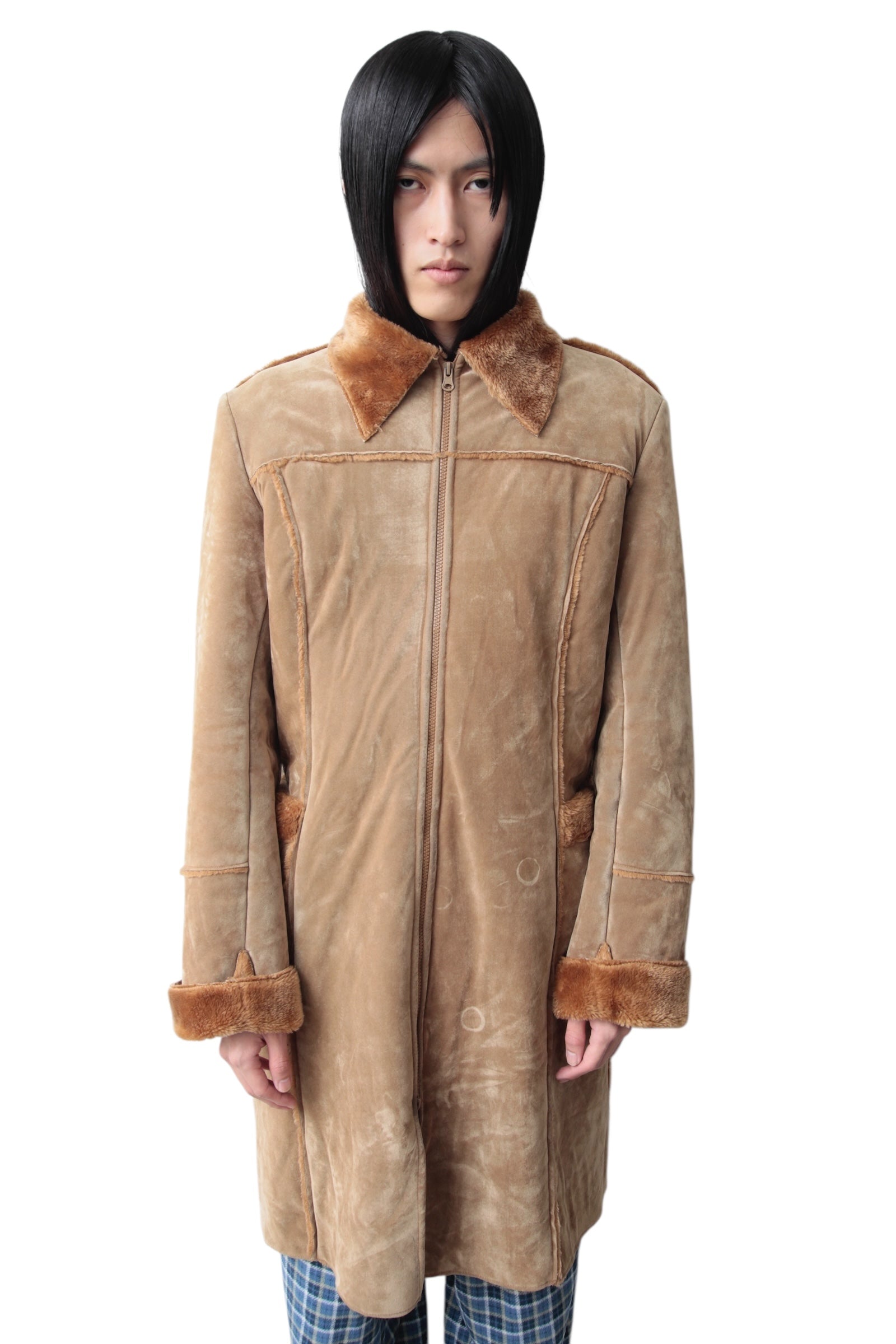 Zip-up fur suede coat