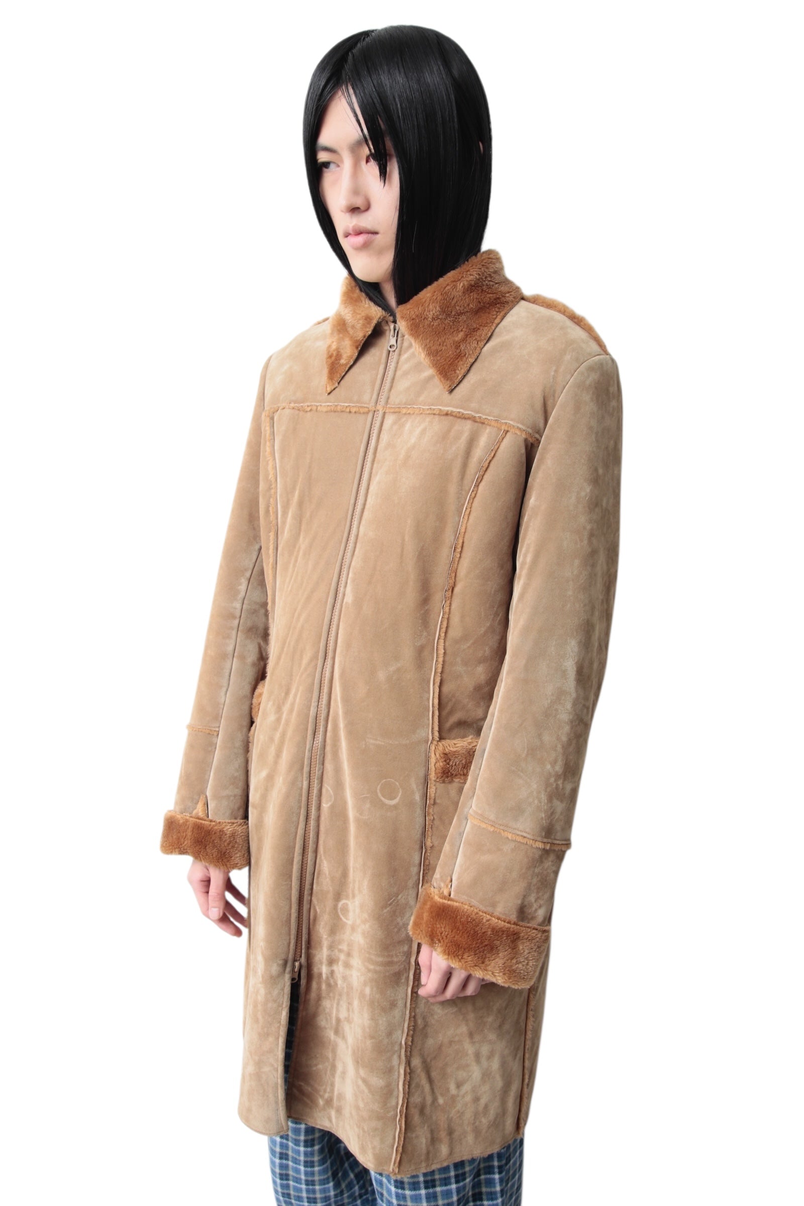 Zip-up fur suede coat