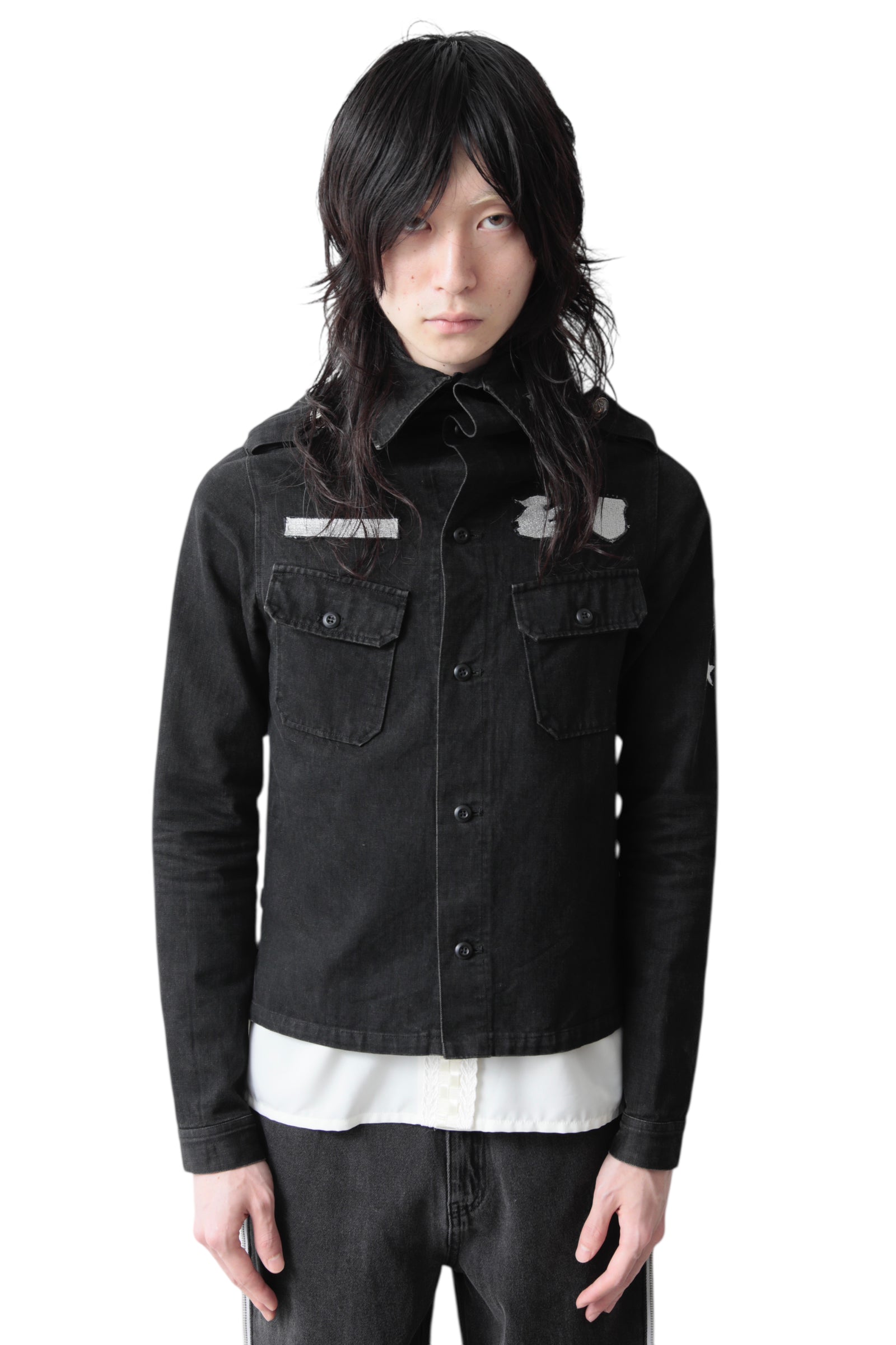 DIET BUTCHER SLIM SKIN HI NECK BUTTON UP DENIM BLOUSON