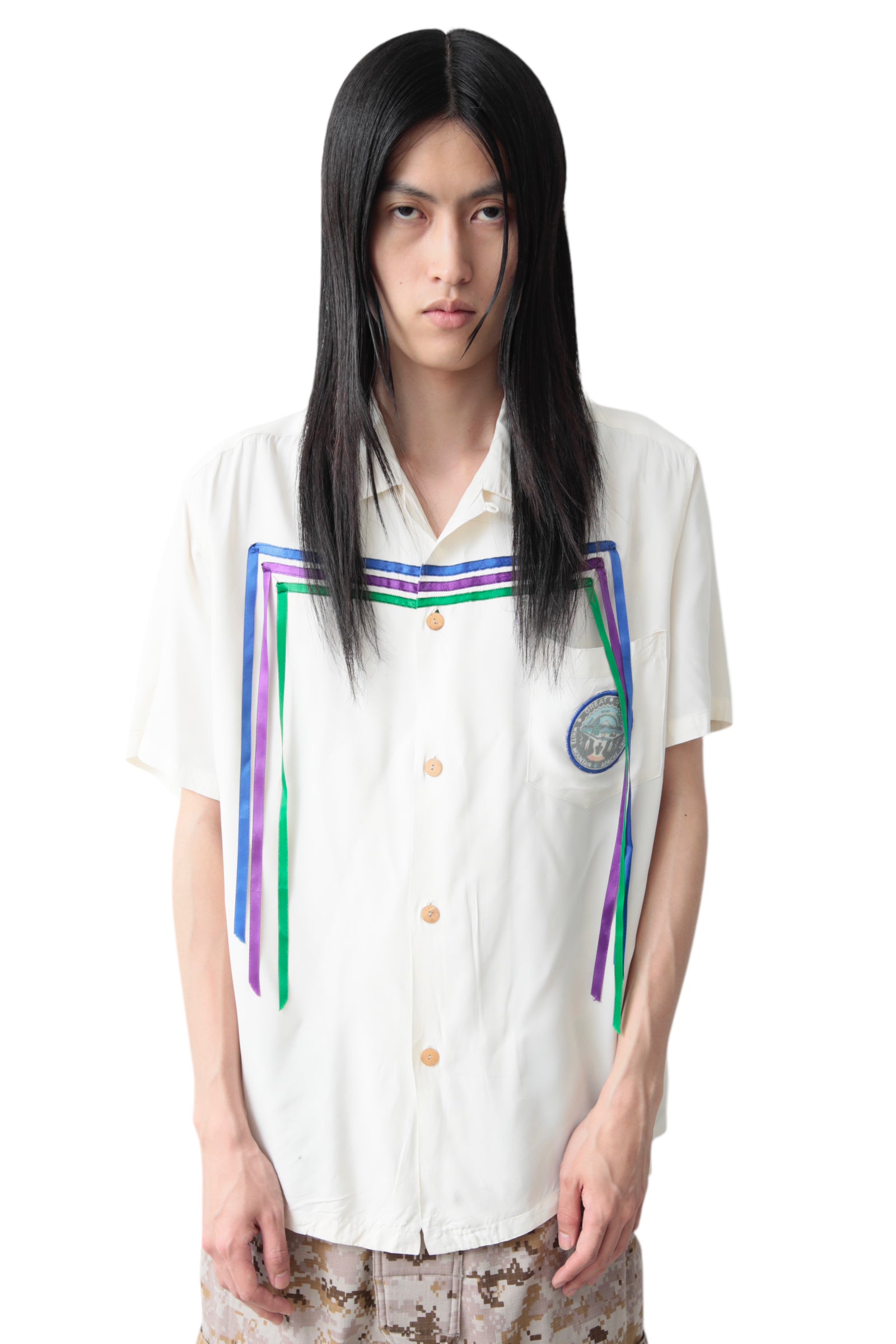 1970S TRICOLOR RIBBON OPEN COLLAR SHIRT