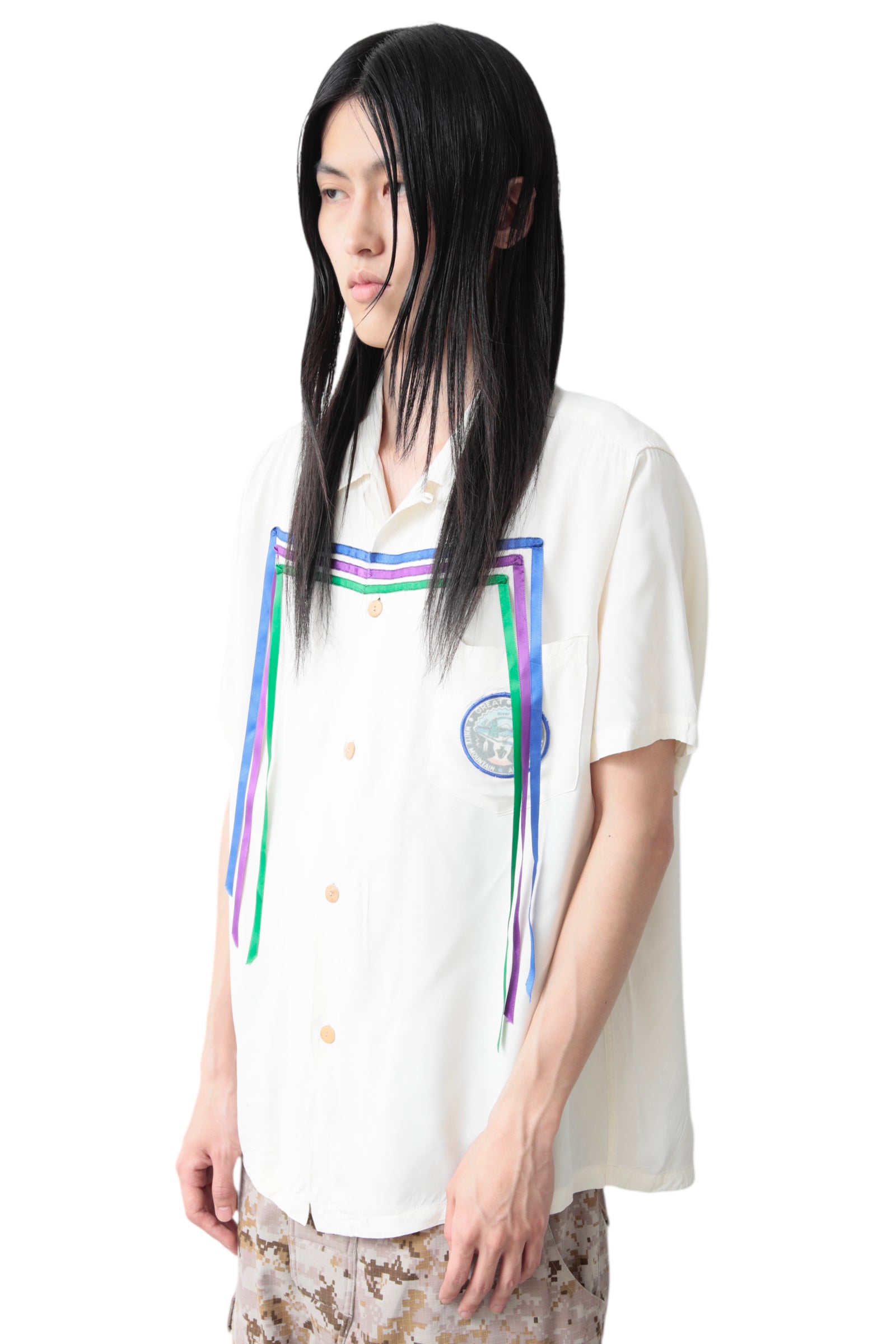 1970S TRICOLOR RIBBON OPEN COLLAR SHIRT