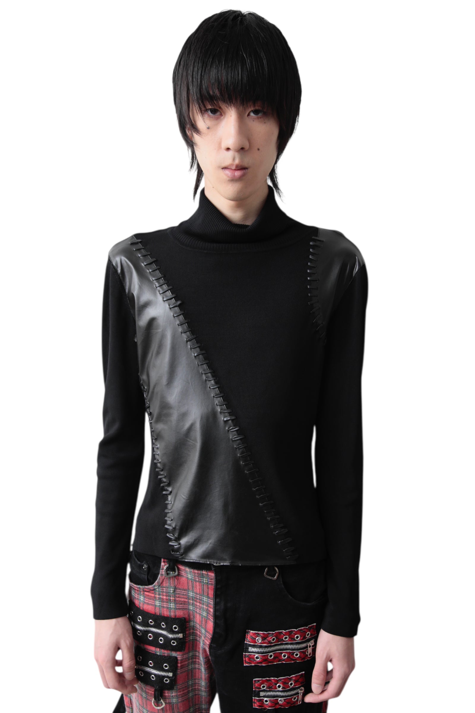 LEATHER SWITCHING MOCK NECK SWEATER