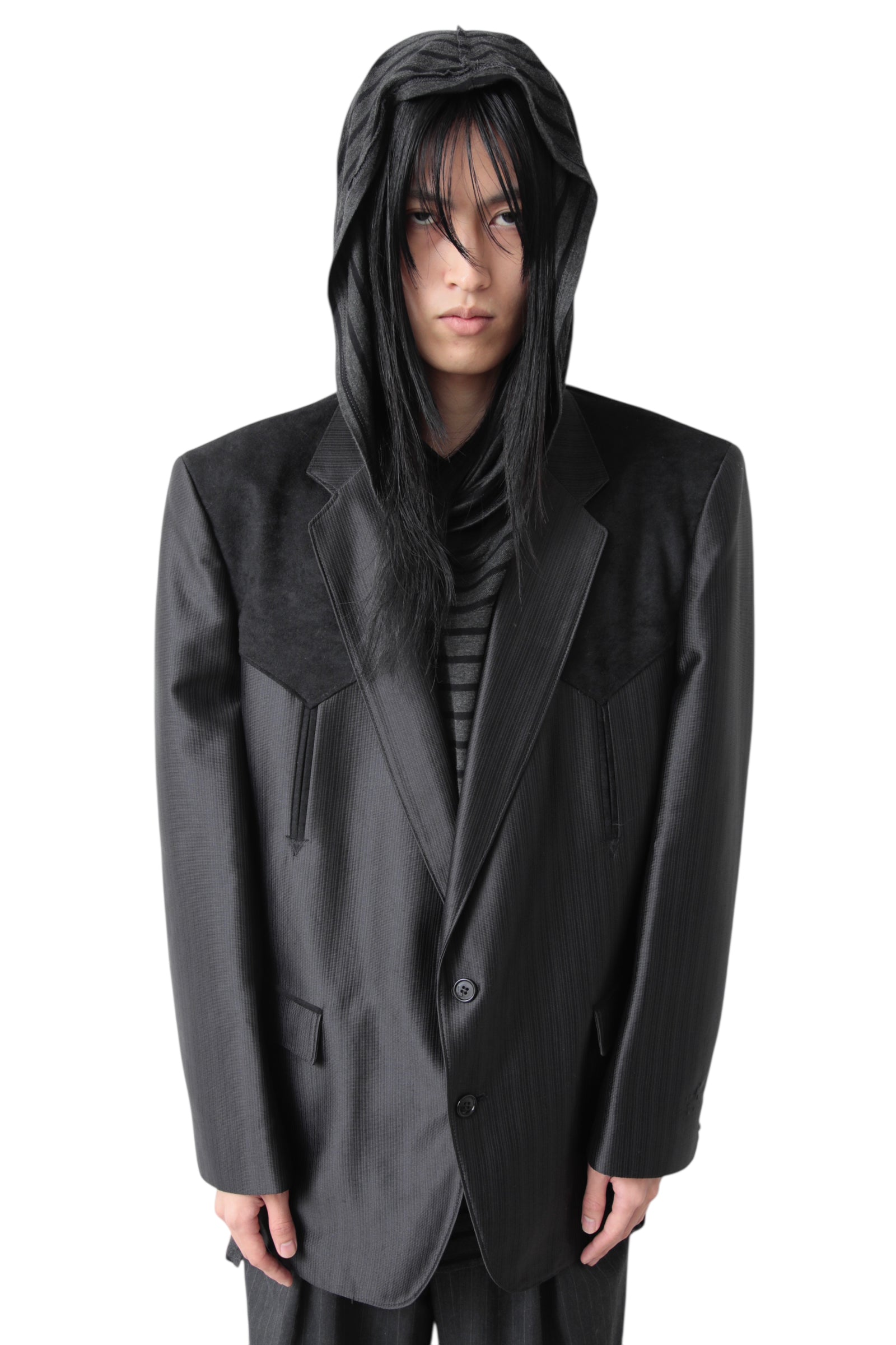 LEATHER YOKE GLOSSY TAILORED JACKET