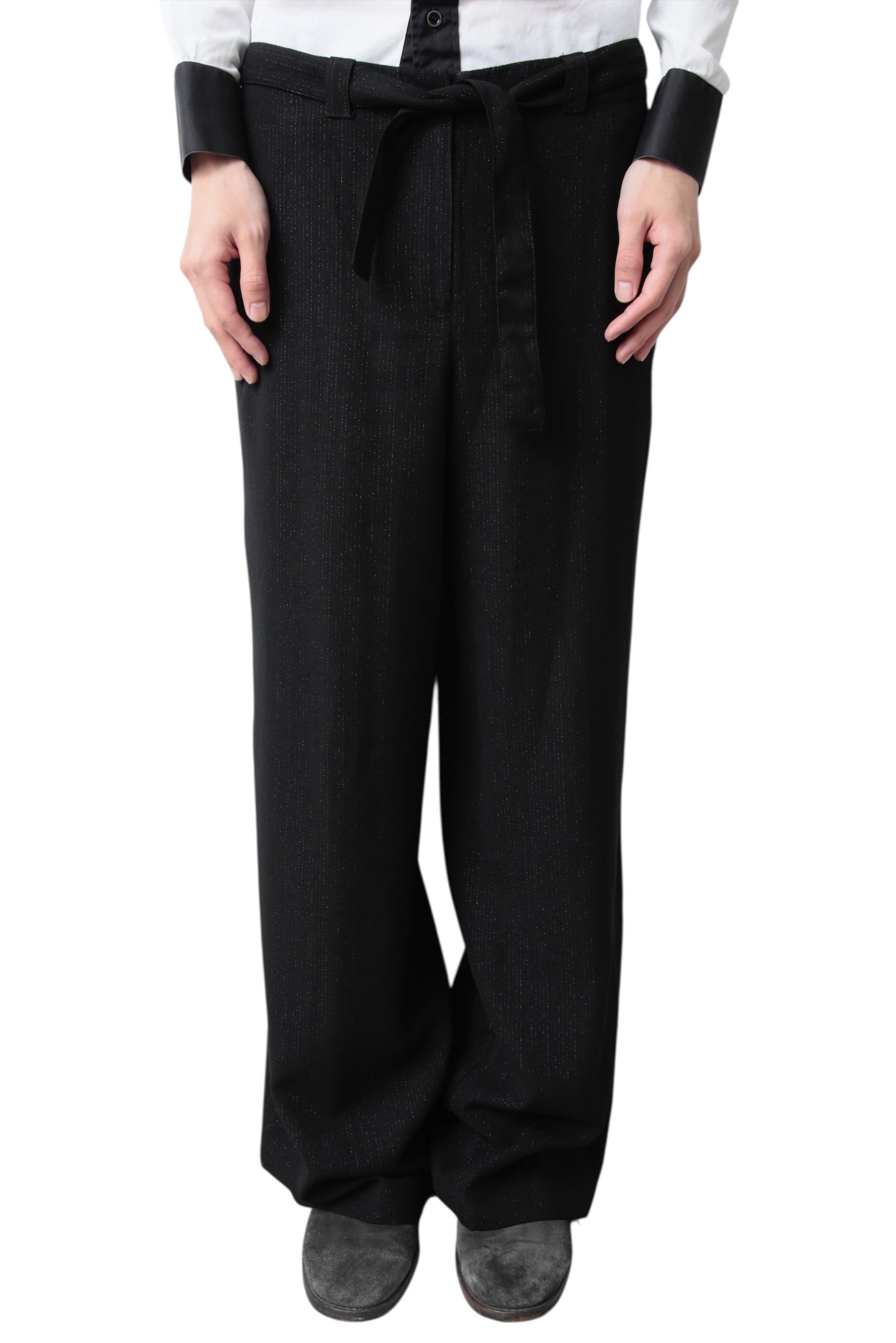 BELTED LAME STRIPE WIDE SLACKS