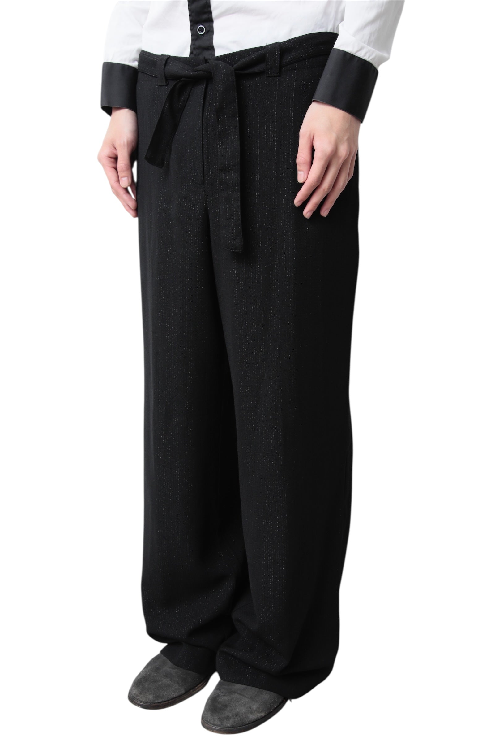 BELTED LAME STRIPE WIDE SLACKS