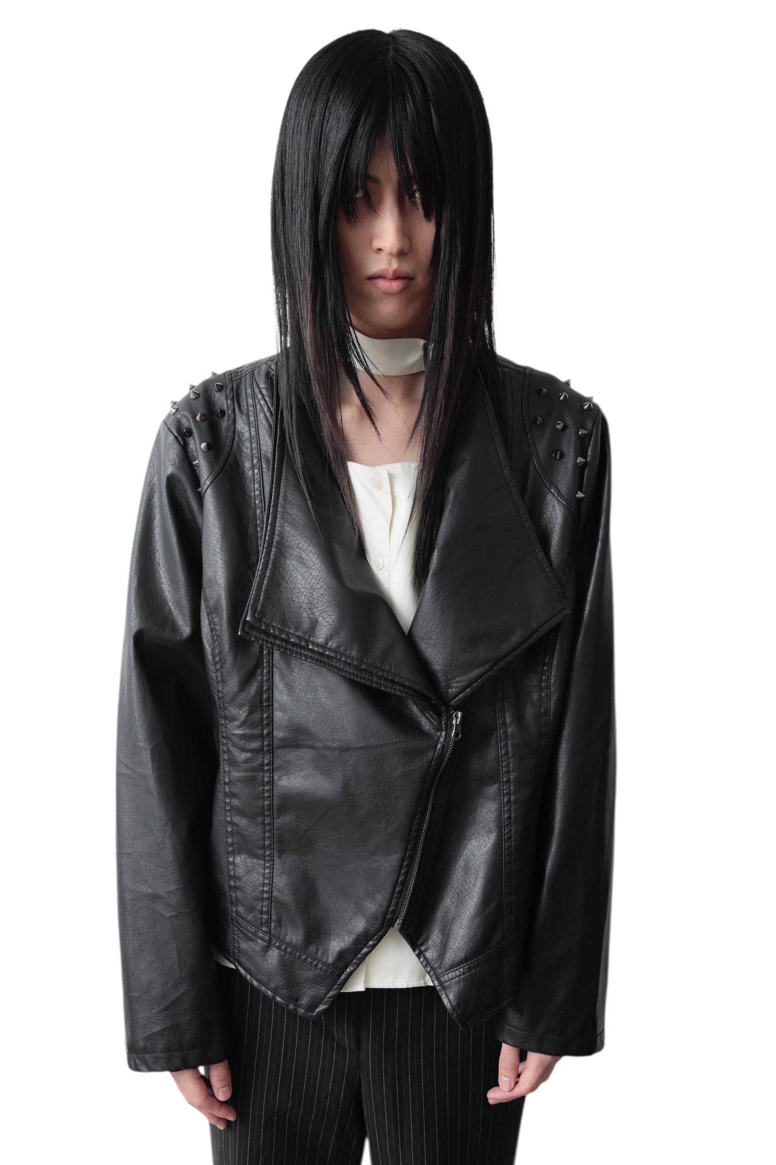 COLLARLESS SEMI DOUBLE LEATHER JACKET