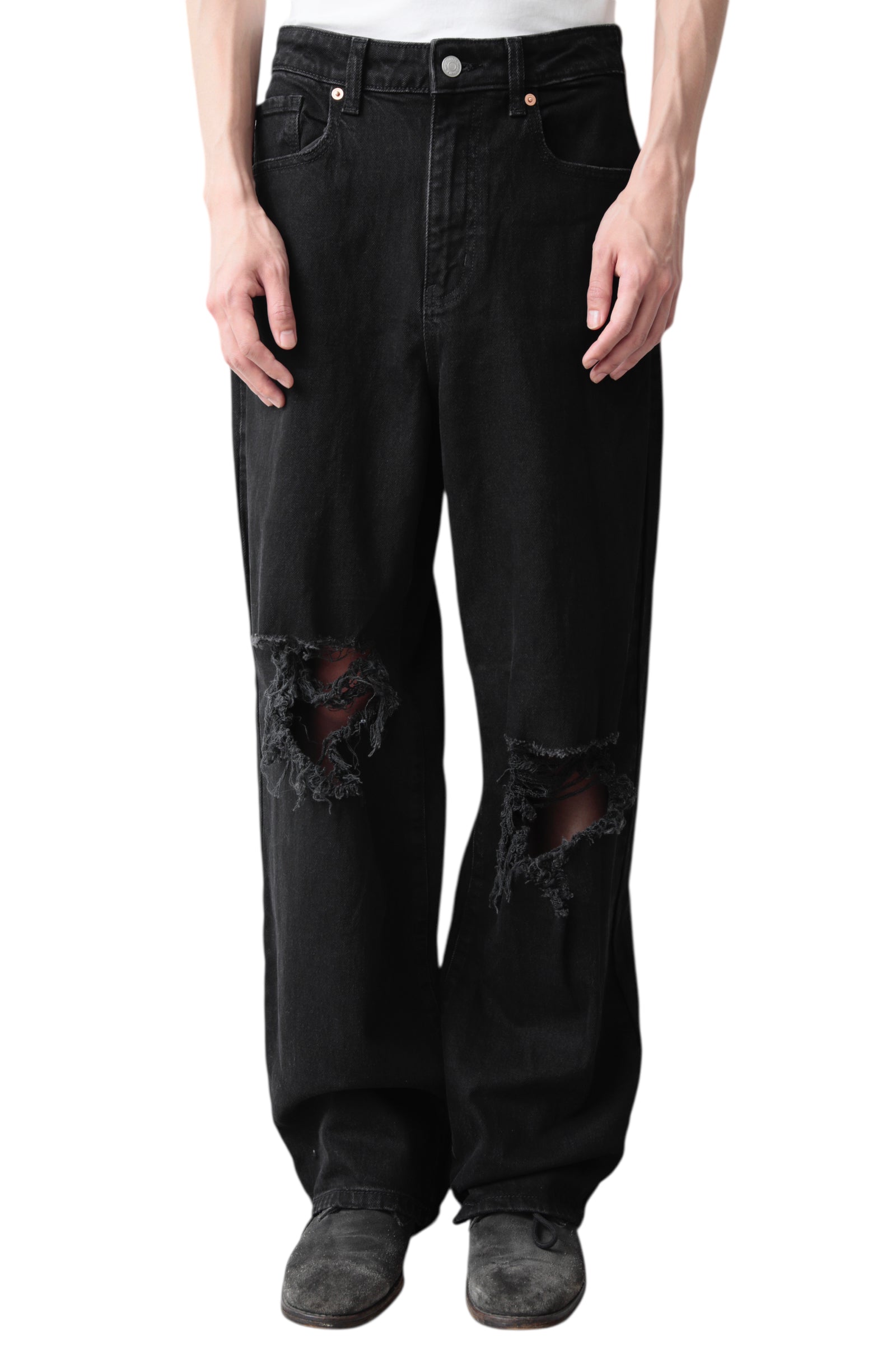 BLACK CRASHED DENIM PANTS