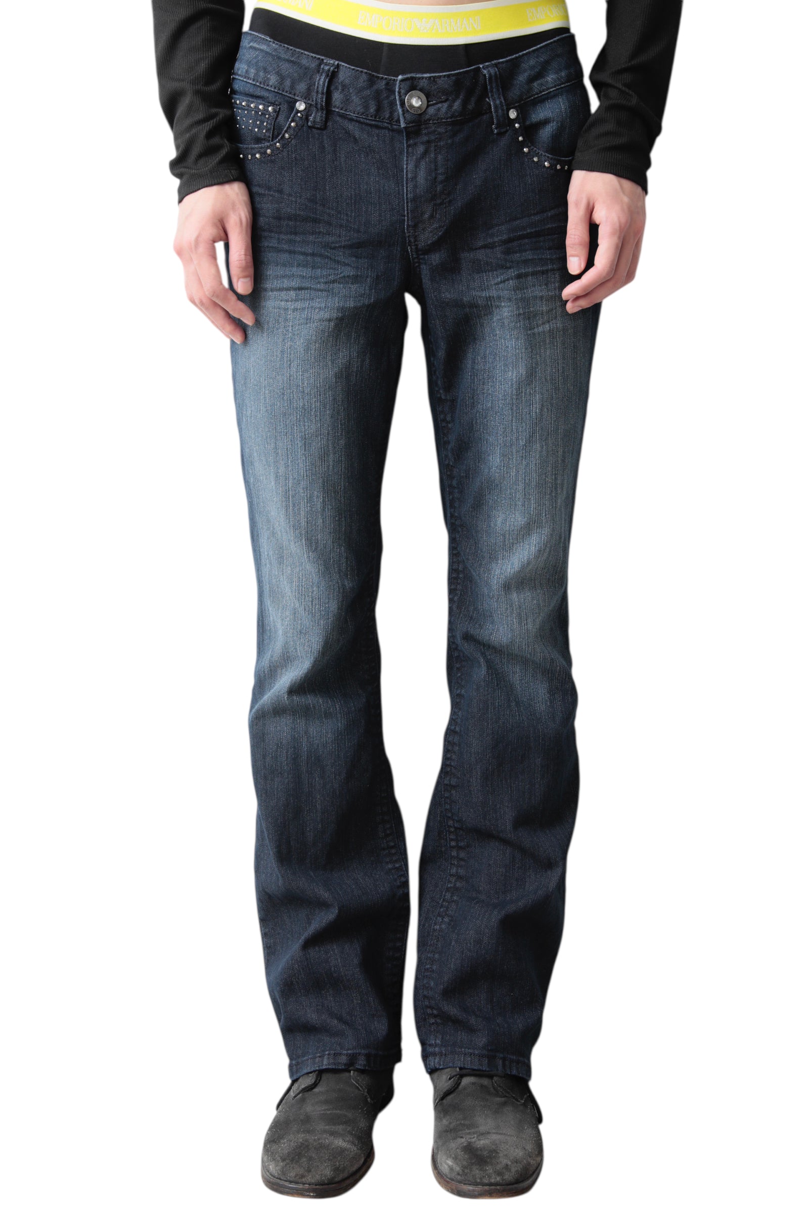RHINESTONE FADED FLARE DENIM PANTS