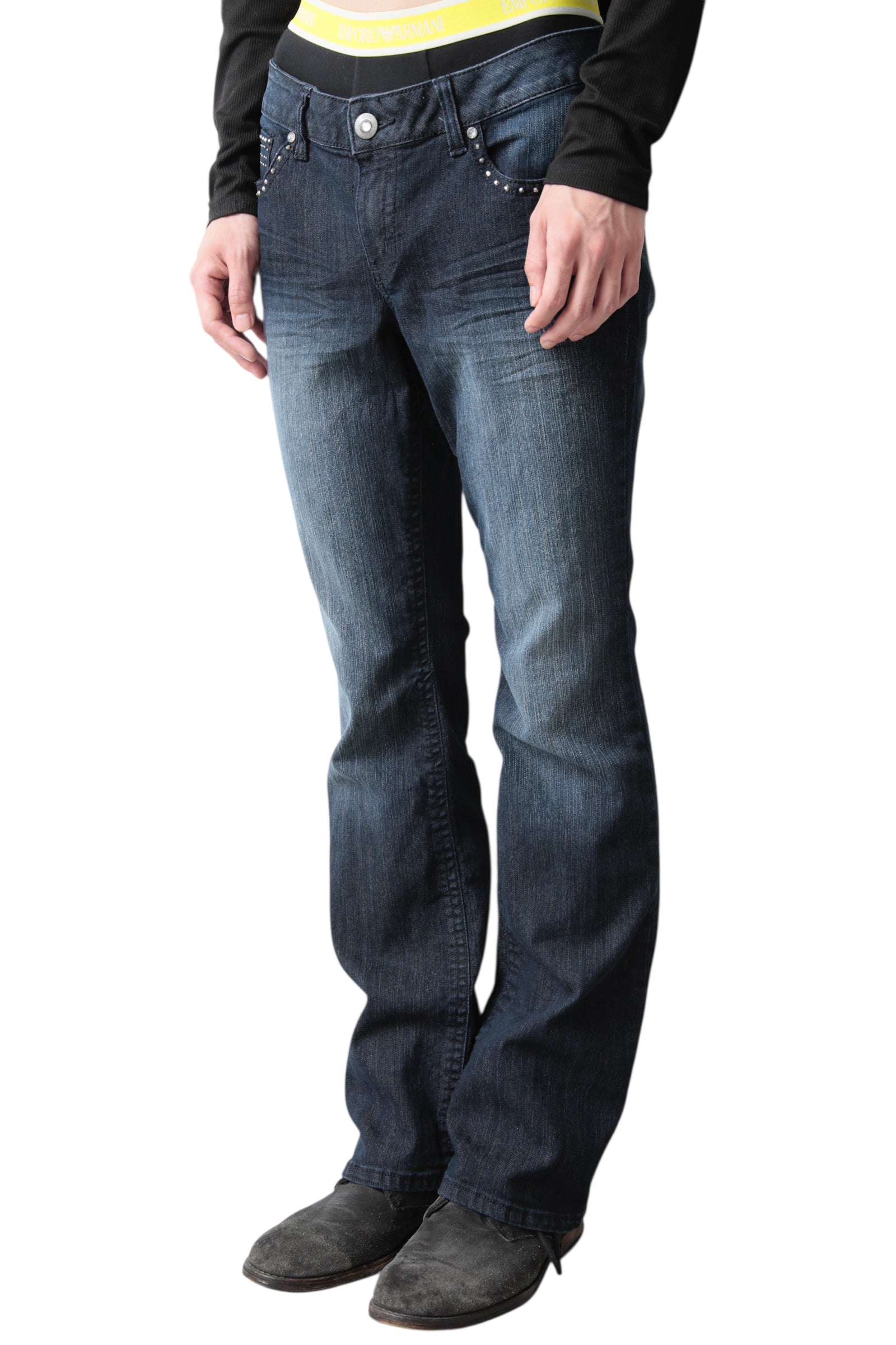 RHINESTONE FADED FLARE DENIM PANTS