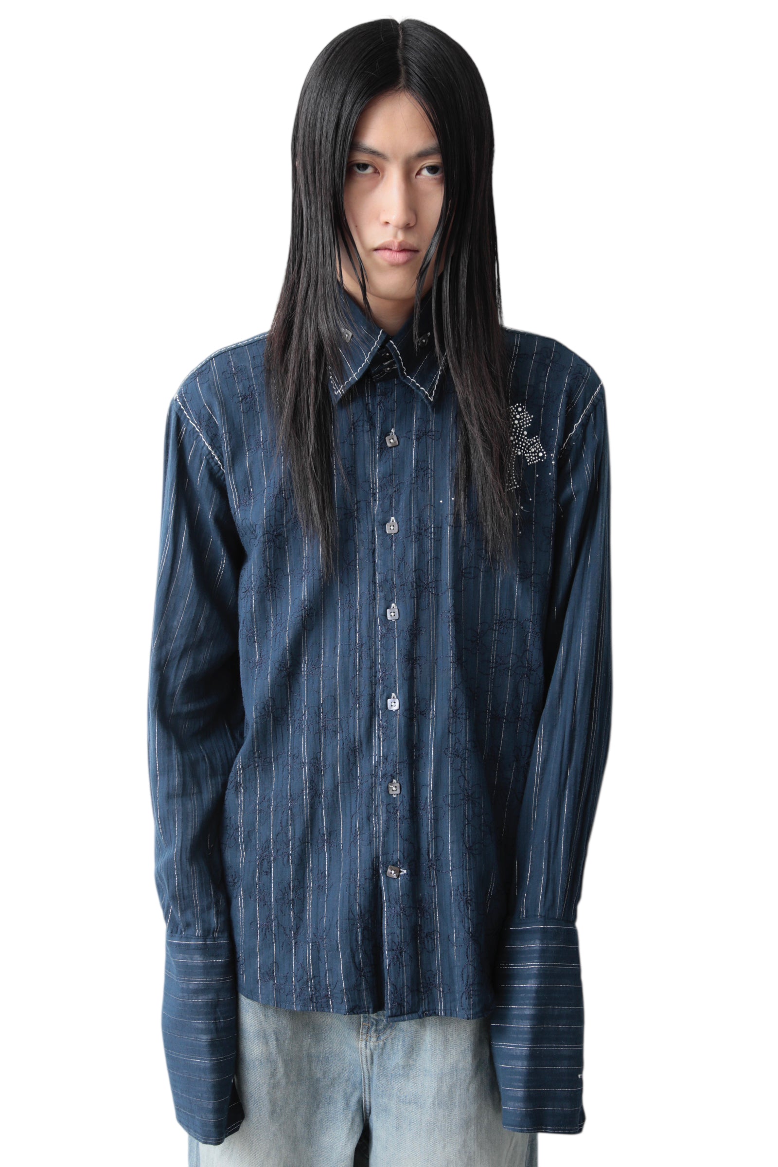 LAME STRIPE RHINESTONE LONG CUFFS SHIRT