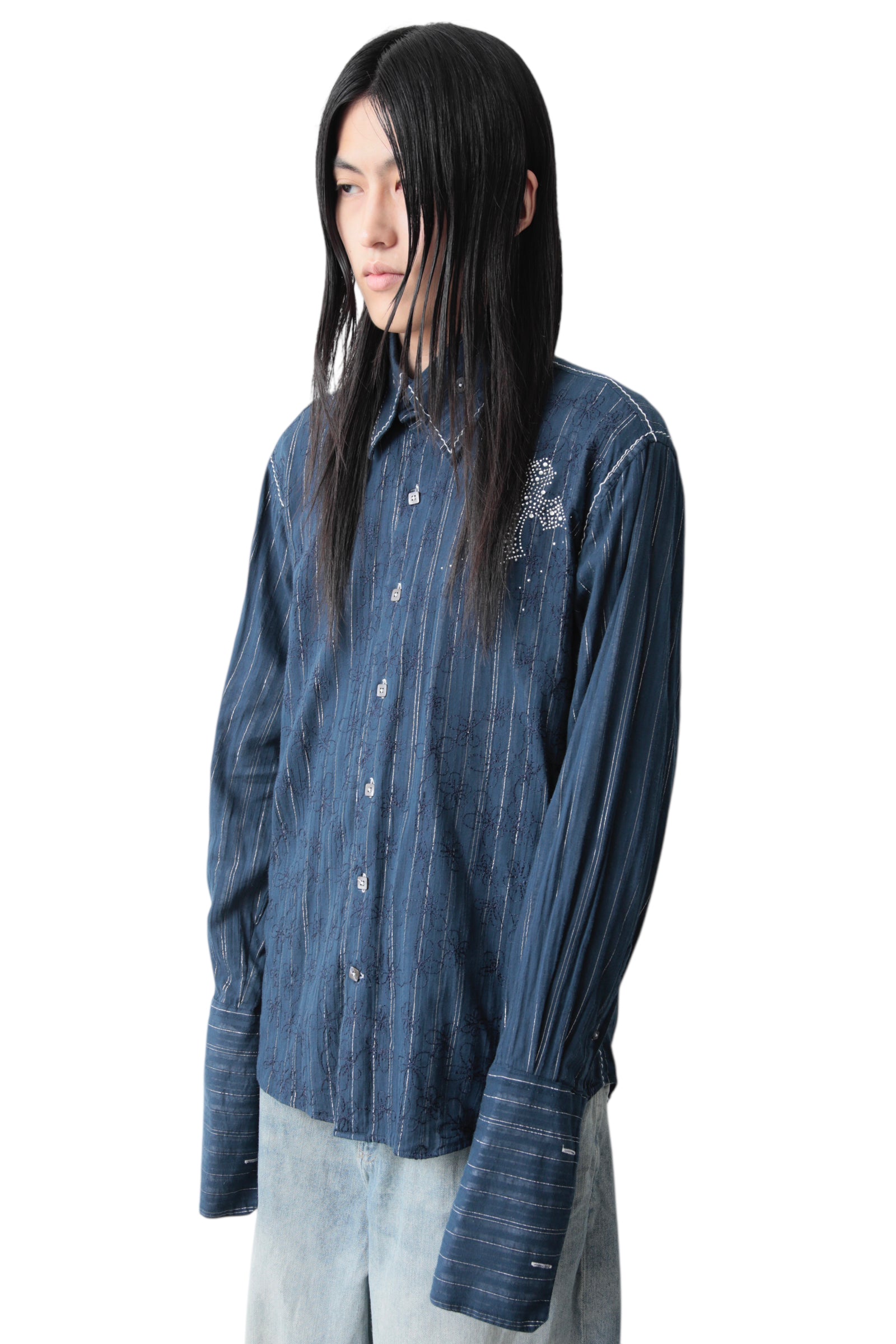 LAME STRIPE RHINESTONE LONG CUFFS SHIRT