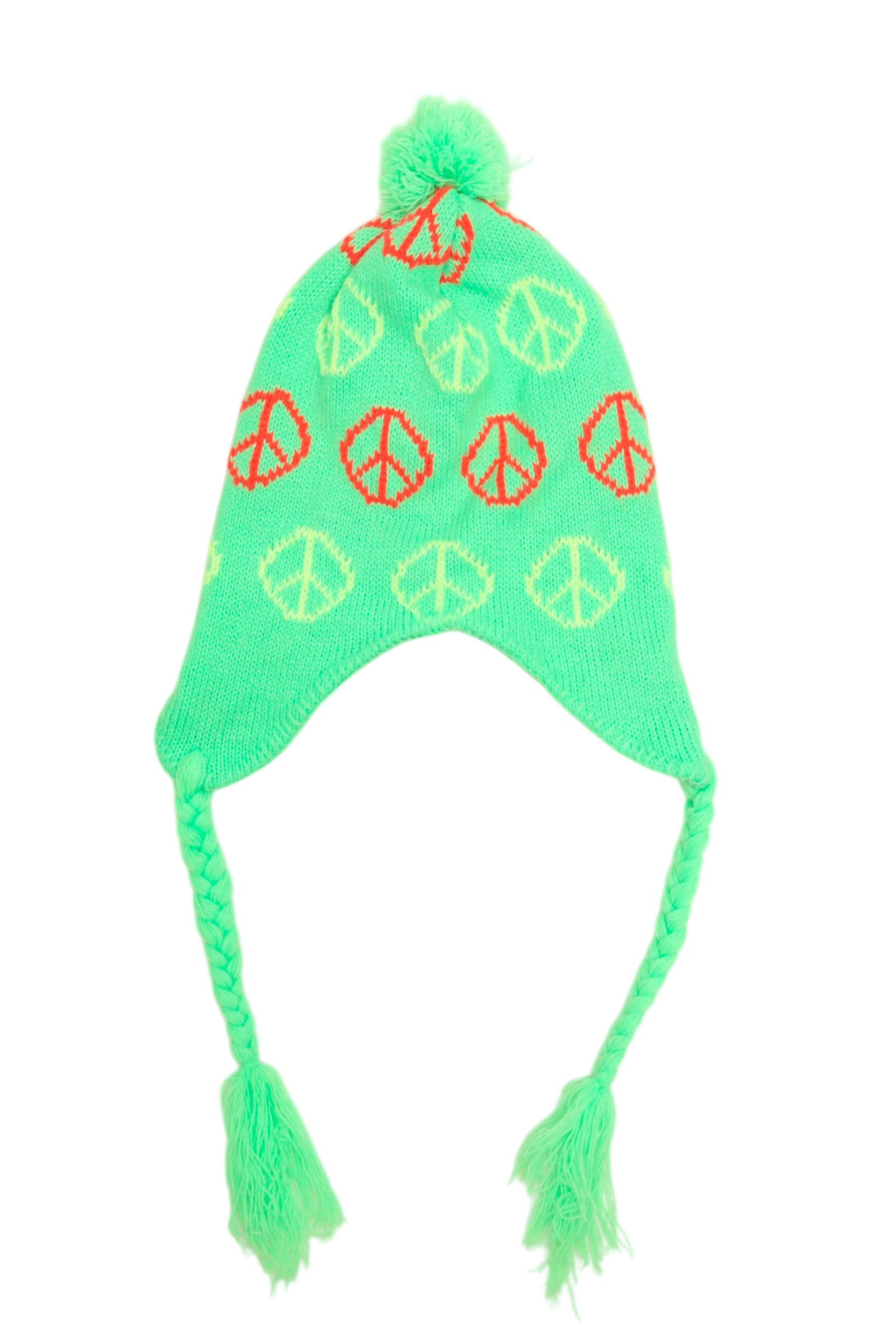 PEACE MARK POM POM EARFLAP BEANIE