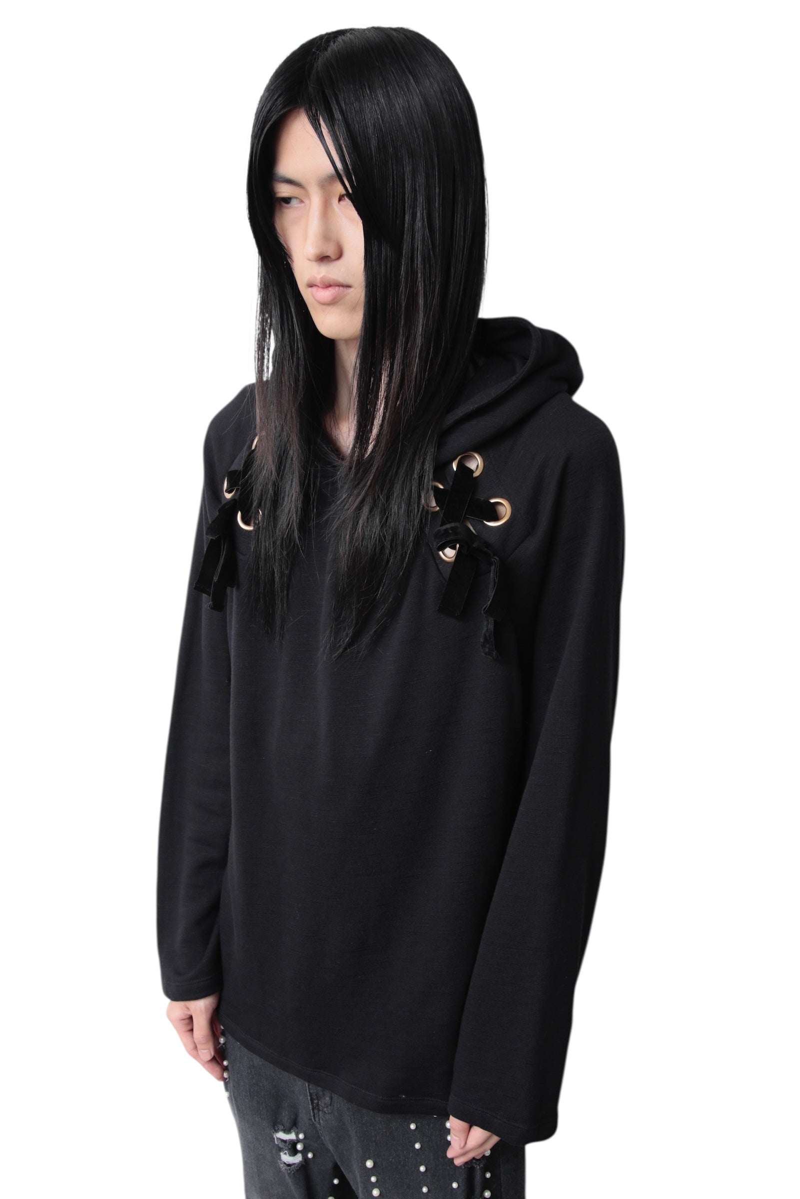 VELVET STRINGS EYELET HOODIE