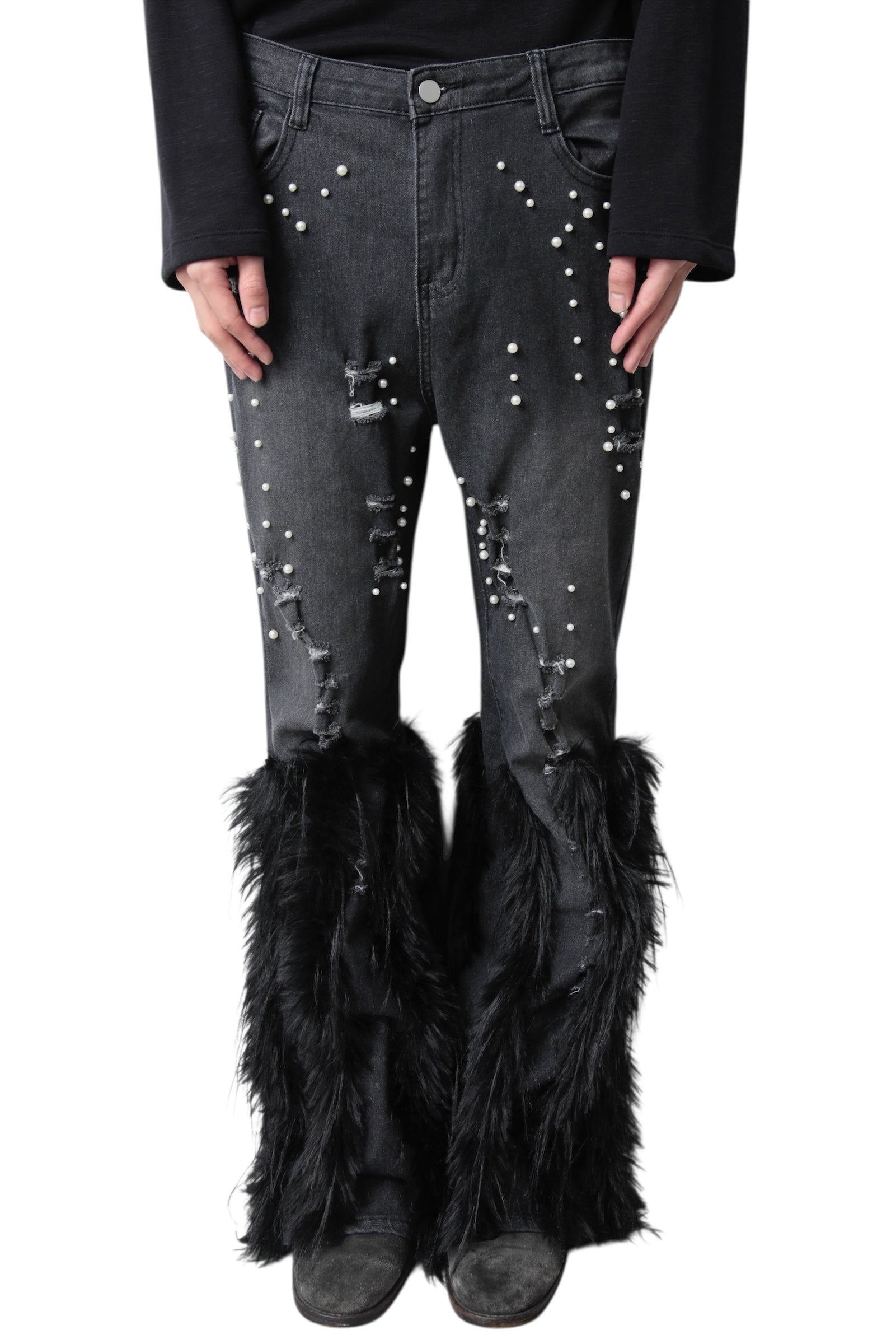 HEM FUR PEARL DENIM PANTS