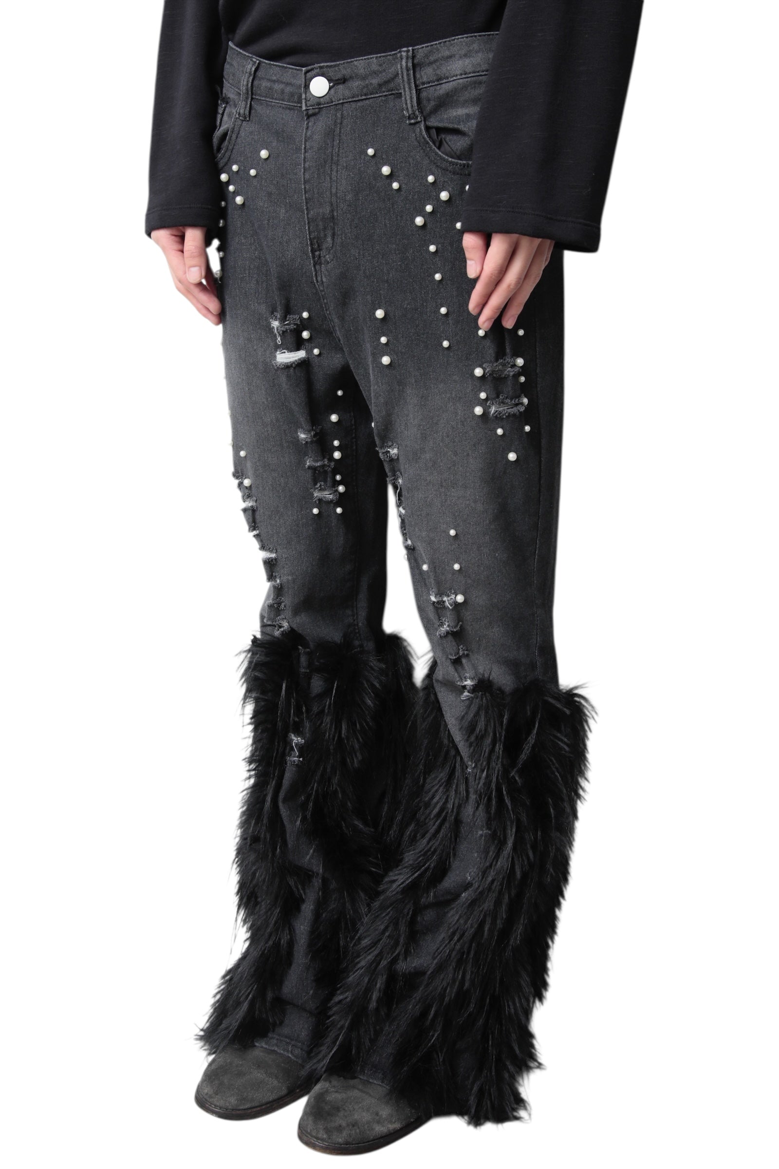 HEM FUR PEARL DENIM PANTS