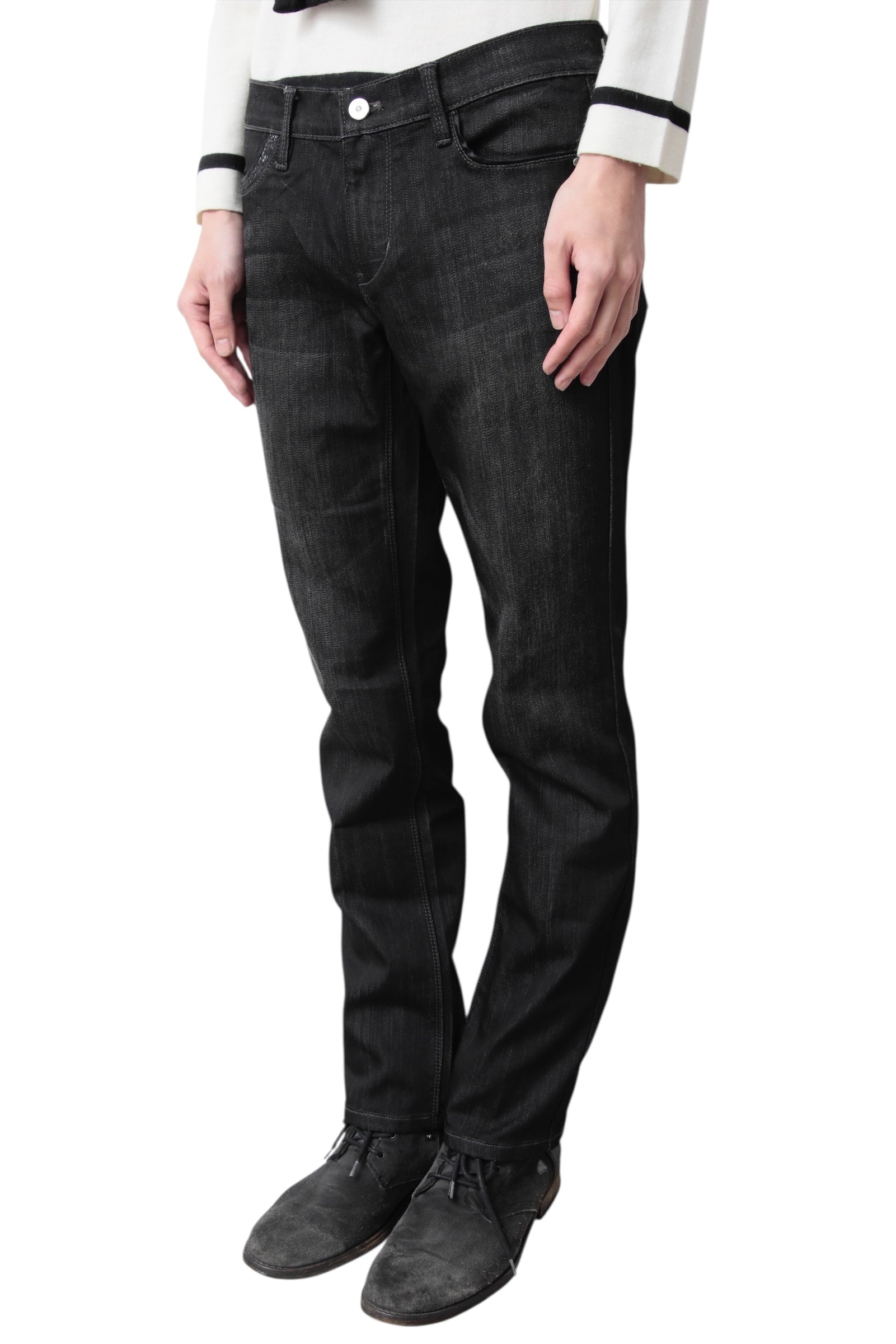 LACE POCKETS FADED SILM DENIM PANTS