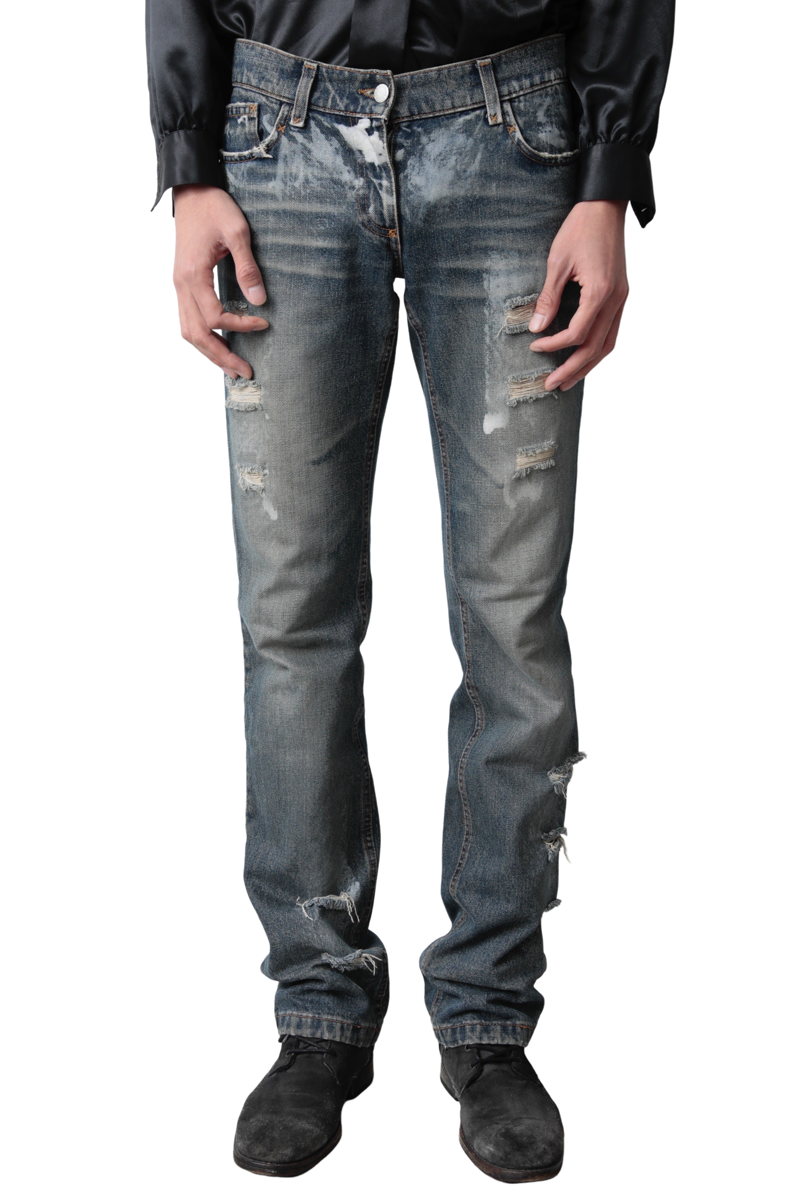 DOLCE&amp;GABBANA PAINT RIPPED SLIM DENIM PANTS