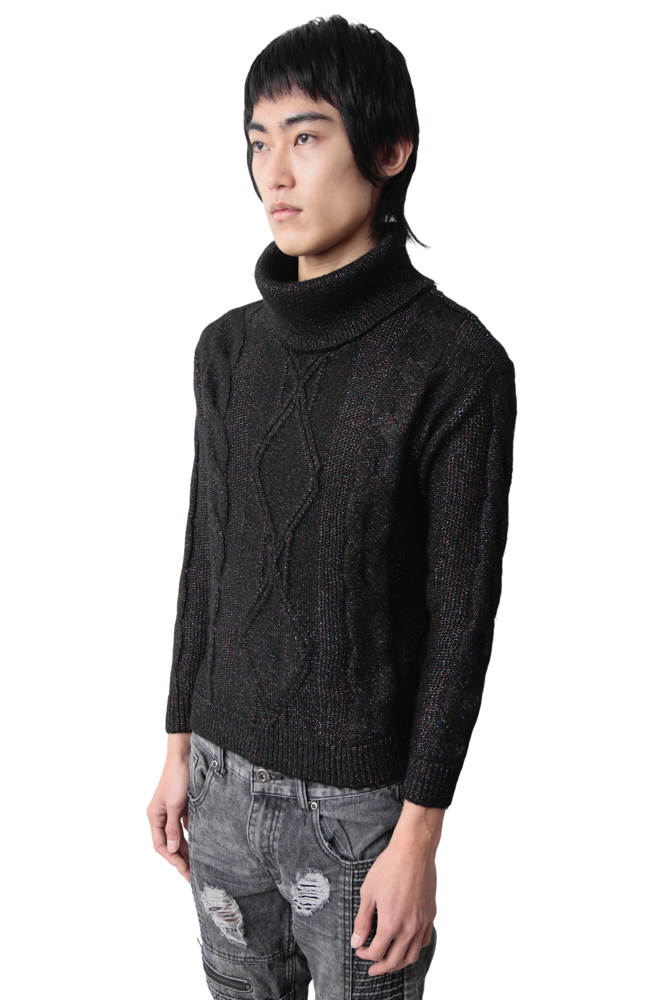 LAME CABLE HIGH NECK SWEATER