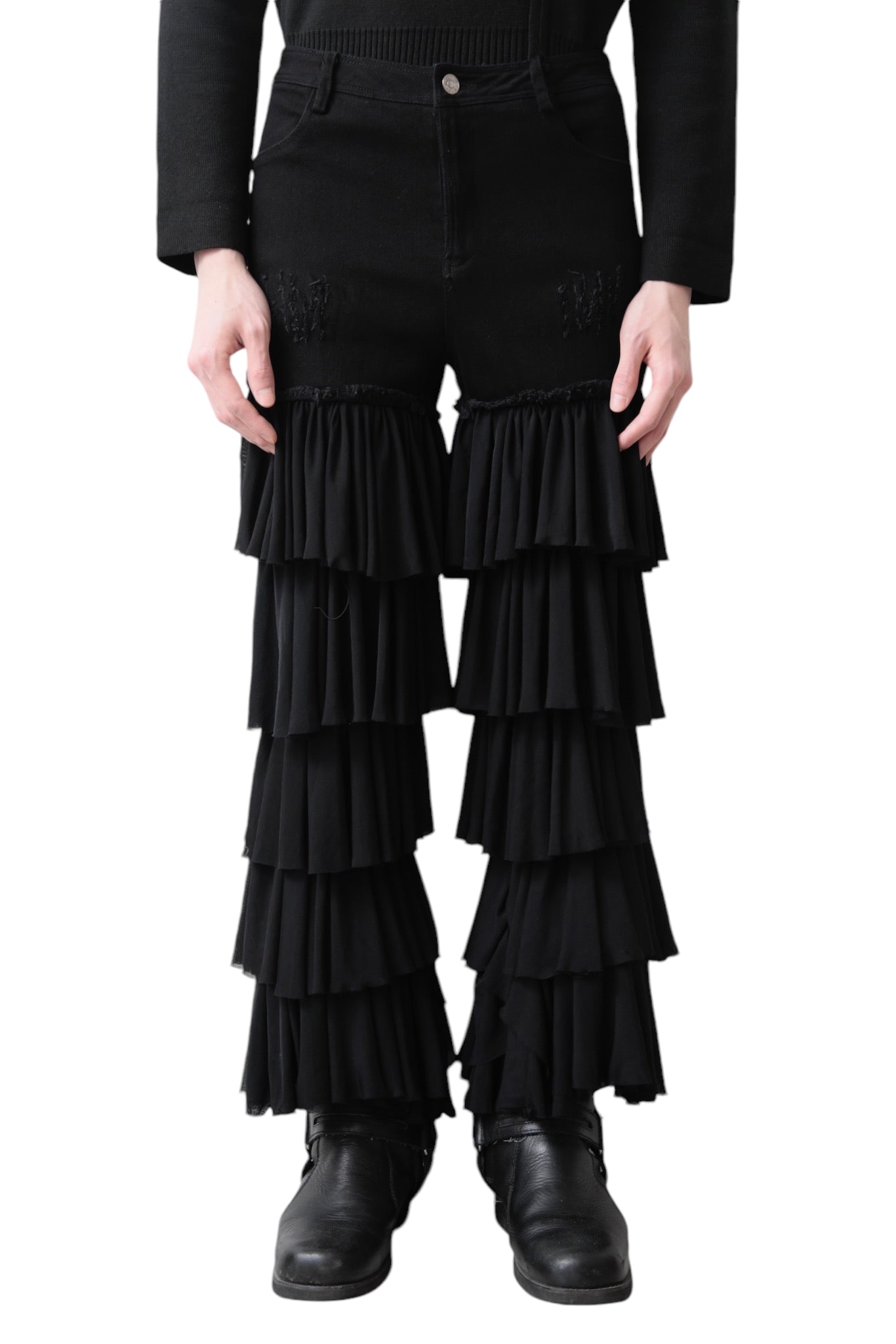 FRILL DOCKING BLACK DENIM PANTS