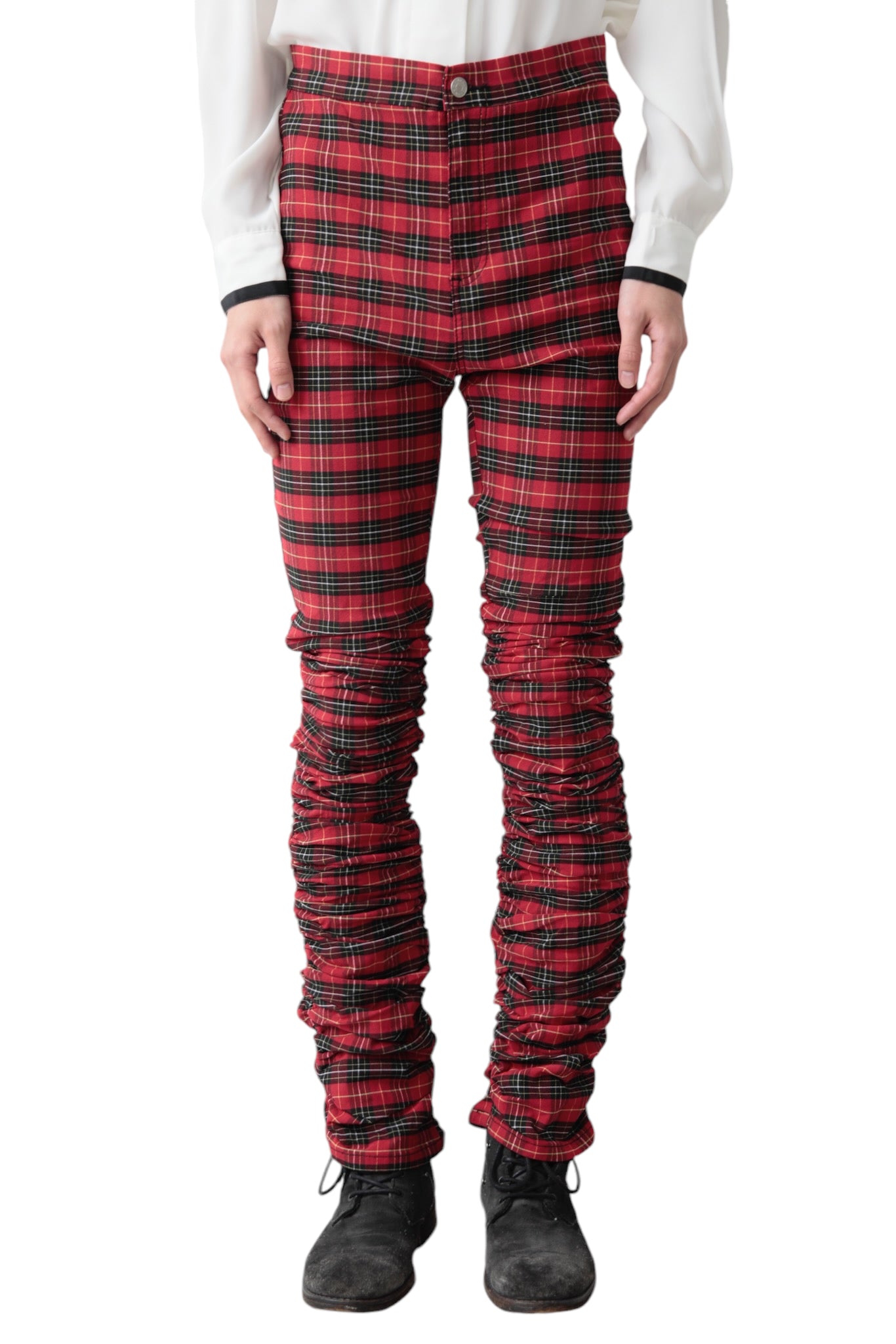 DRAWSTRING GATHERED CHECK PANTS