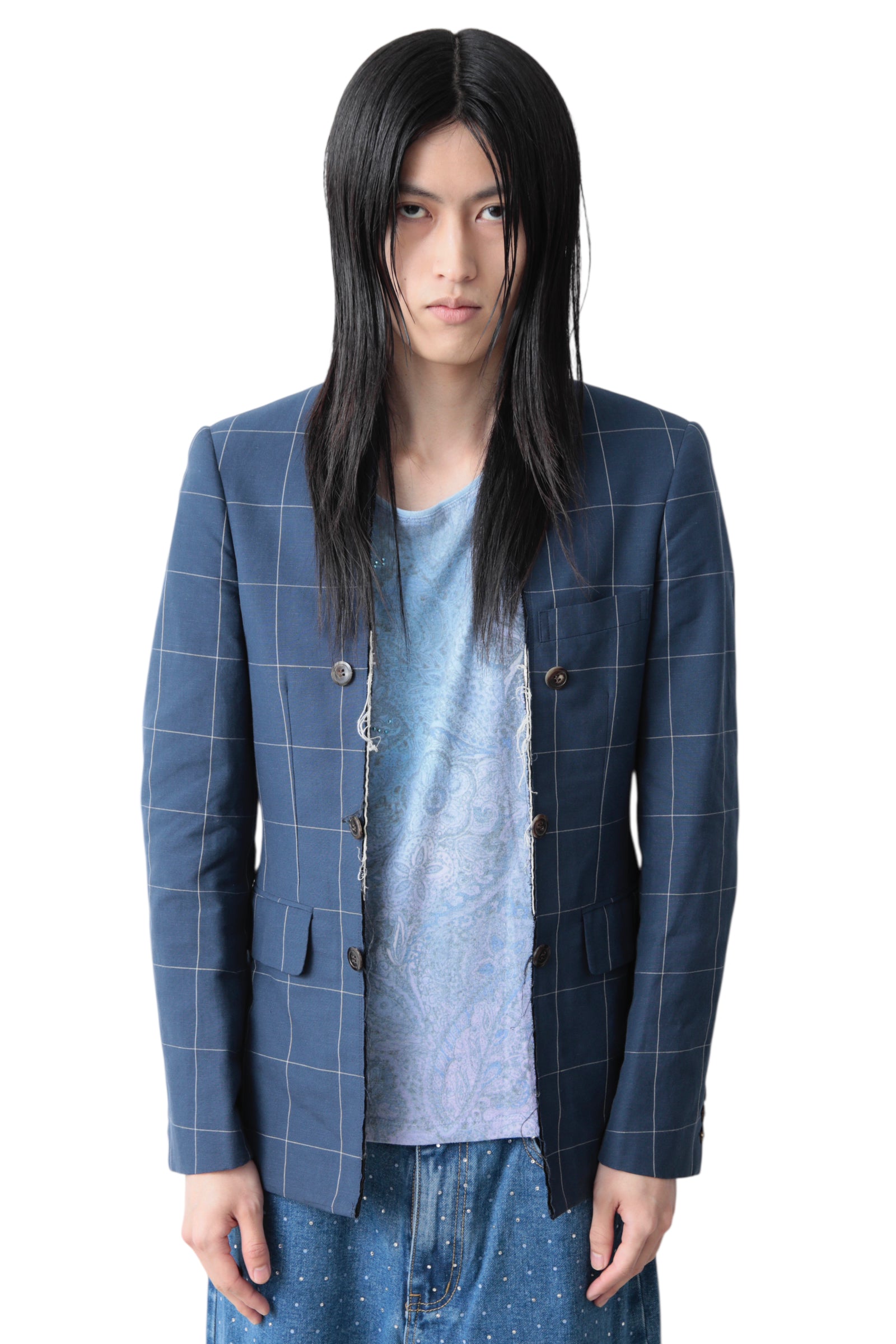 AD2015 COMME DES GARCONS HOMME PLUS WINDOWPANE CHECK CUT OFF TAILORED JACKET