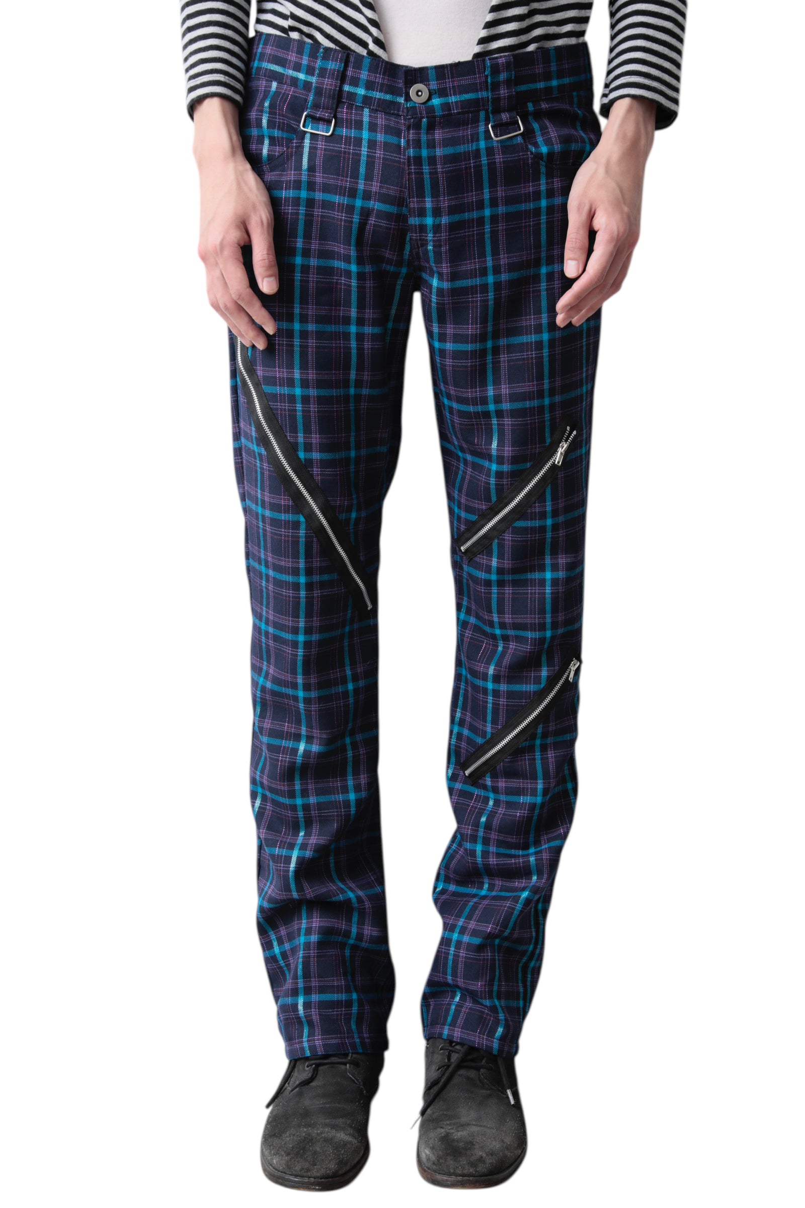 GLOSSY CHECK ZIP TROUSERS