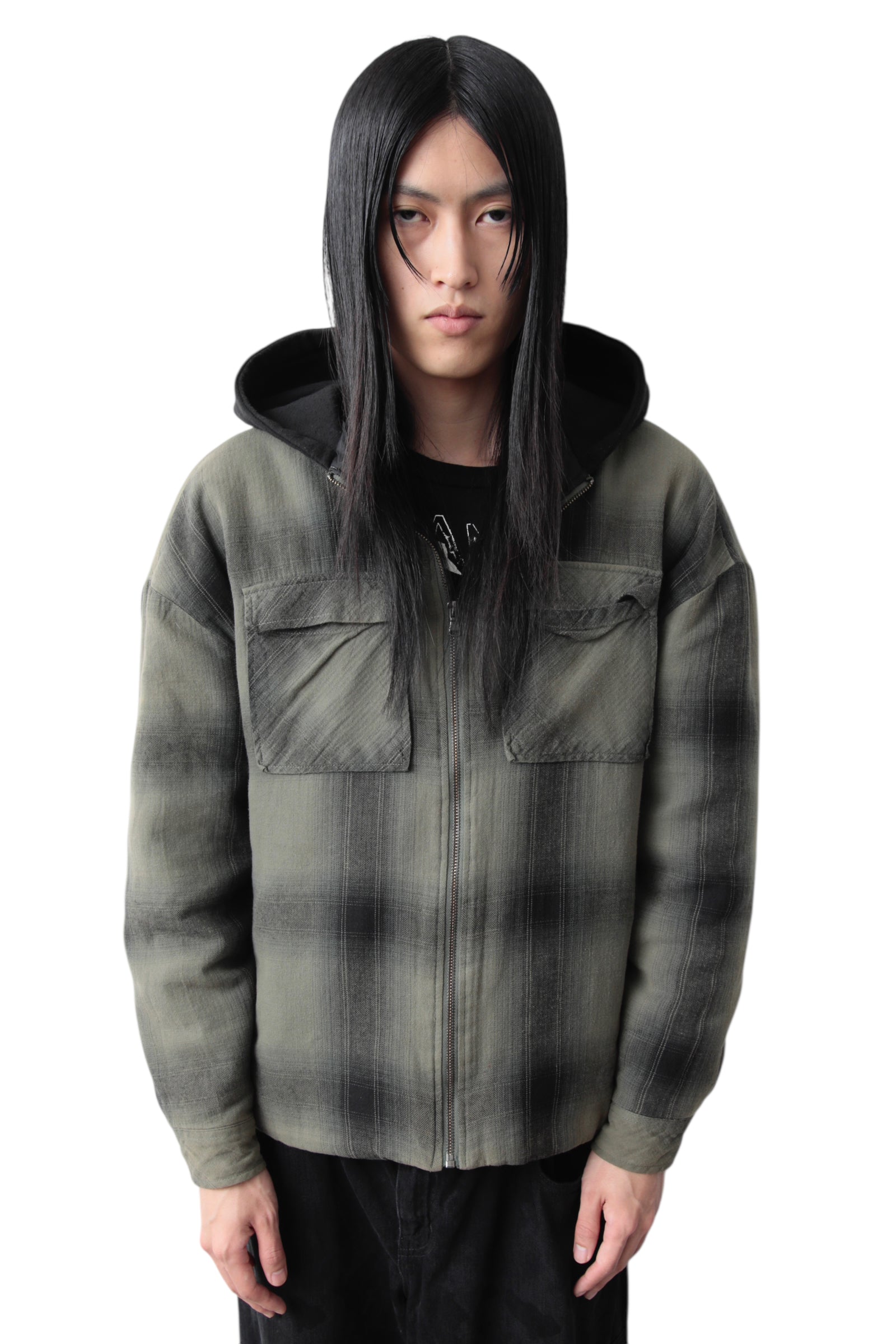 OMBRE CHECK HOODED PUFFER SHIRTS