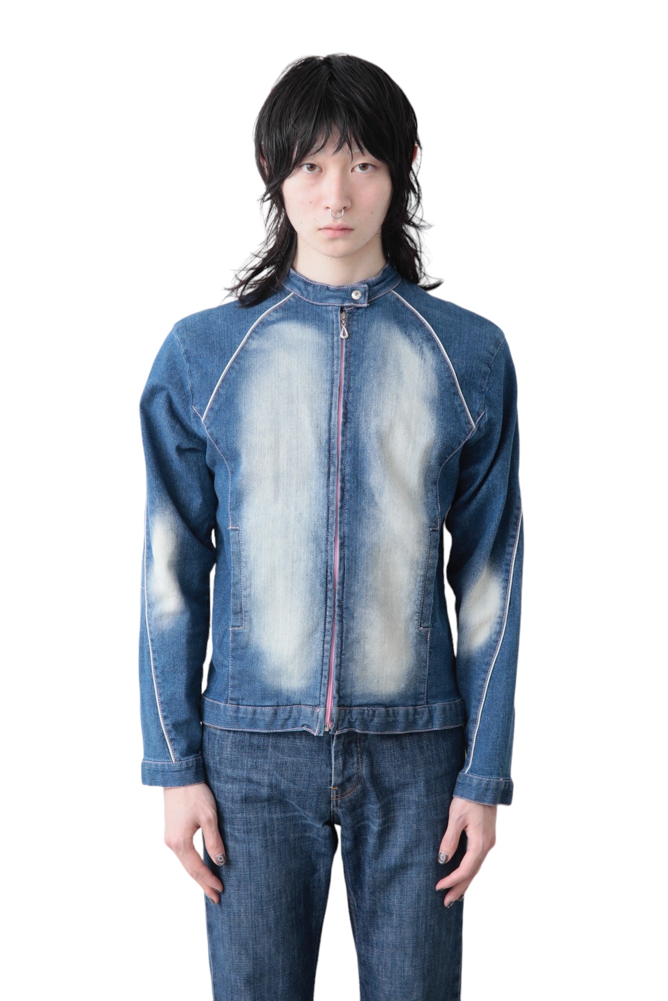 FADED PINK STITCH STITCH DENIM MOTO BLOUSON