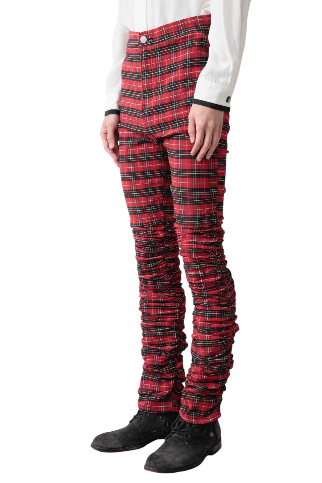 DRAWSTRING GATHERED CHECK PANTS