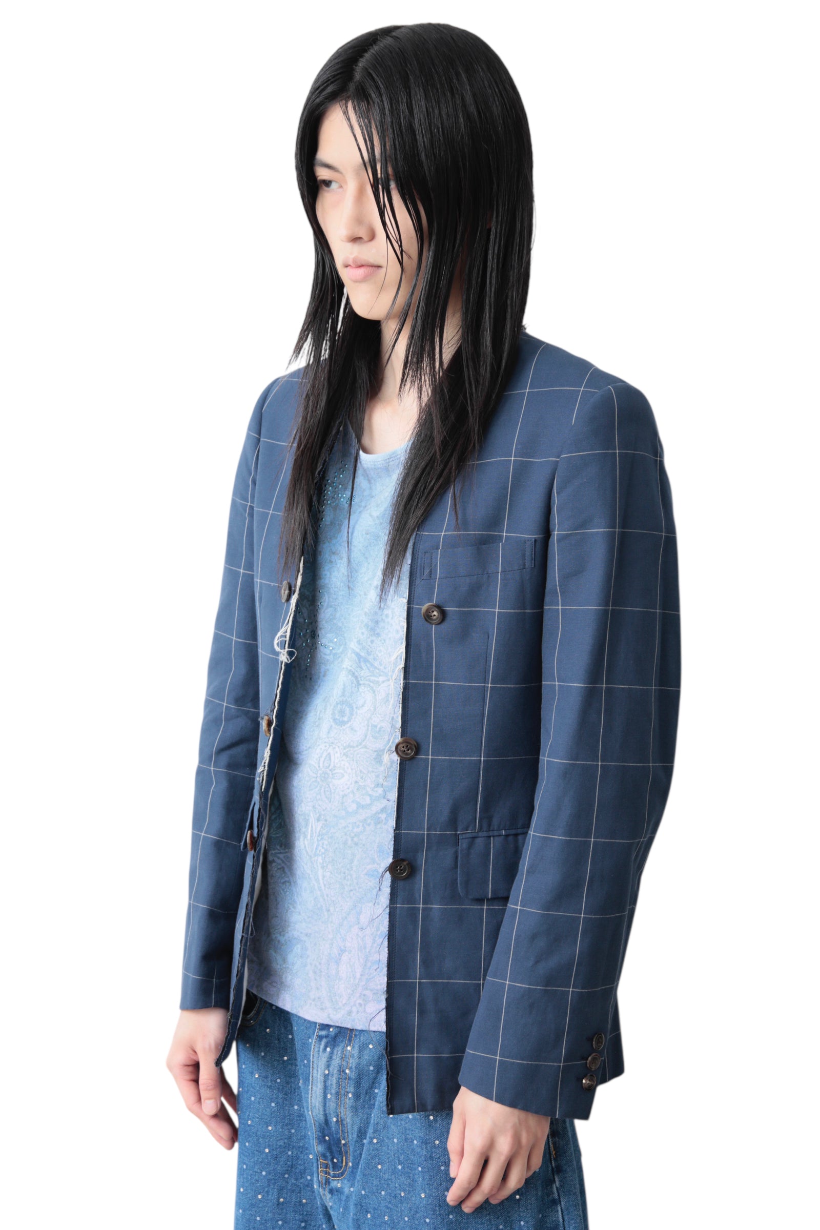 AD2015 COMME DES GARCONS HOMME PLUS WINDOWPANE CHECK CUT OFF TAILORED JACKET