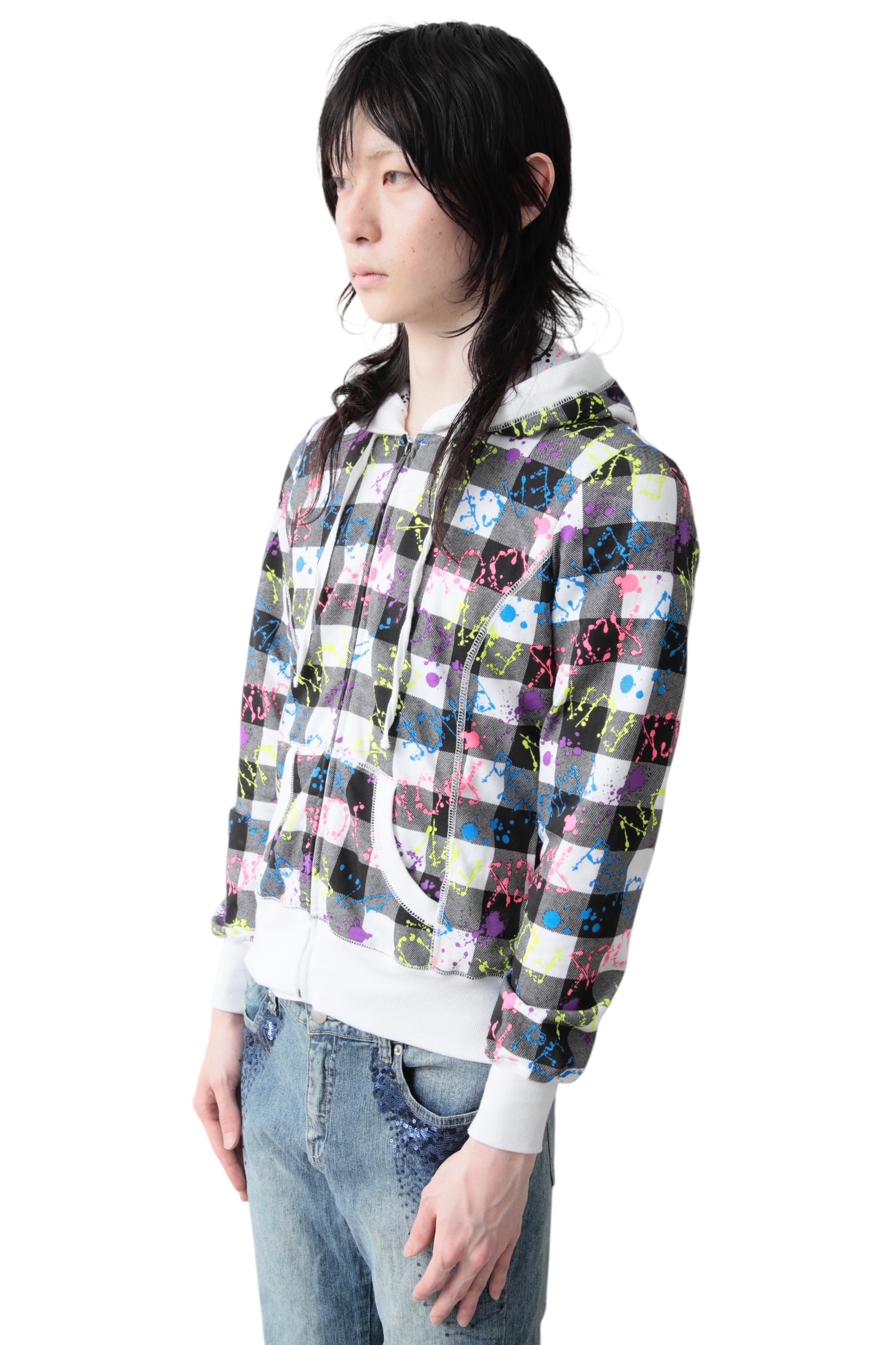 PAINTED CHECK ZIP UP HOODIE