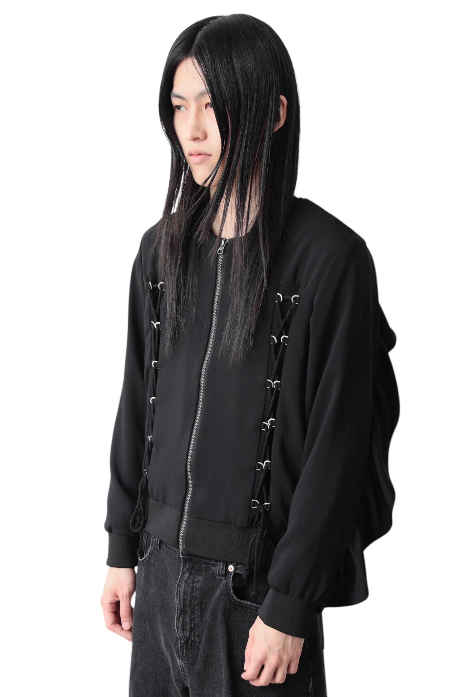 LACE UP FRILL ZIP UP BLOUSON