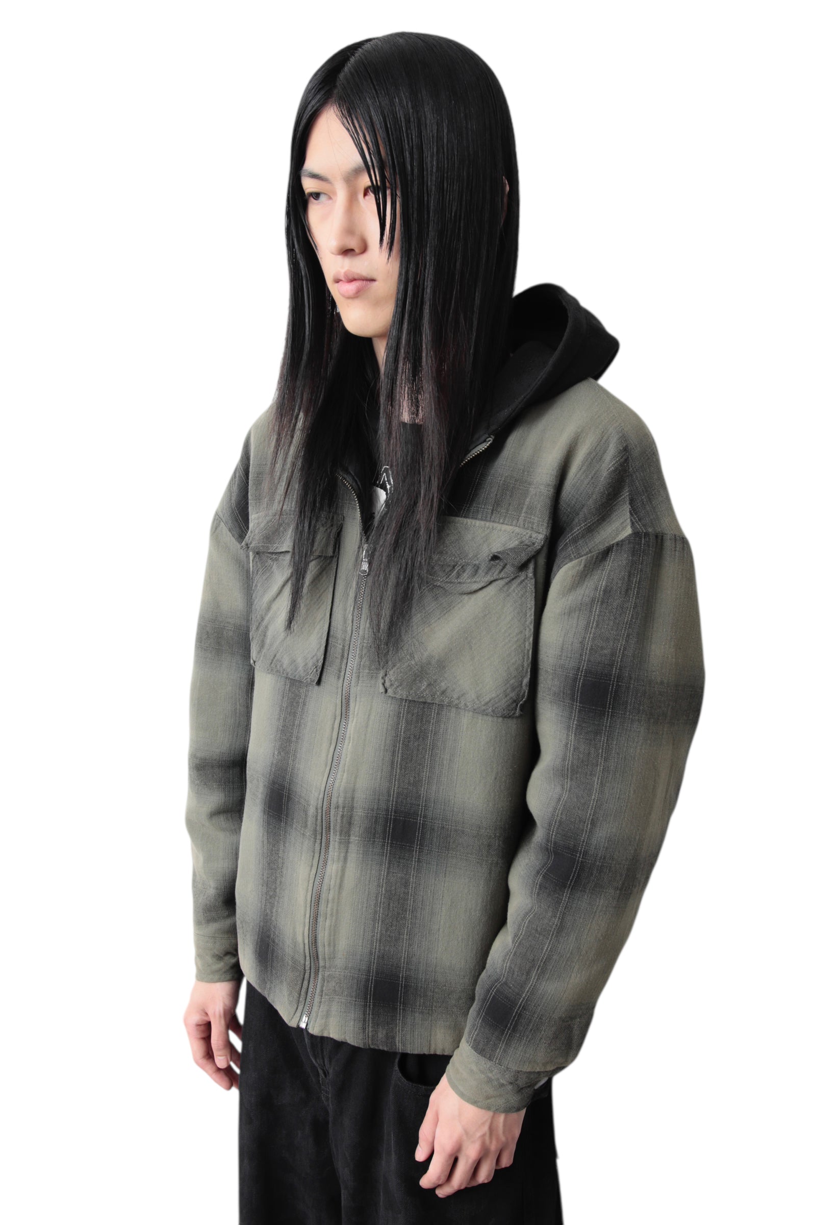 OMBRE CHECK HOODED PUFFER SHIRTS