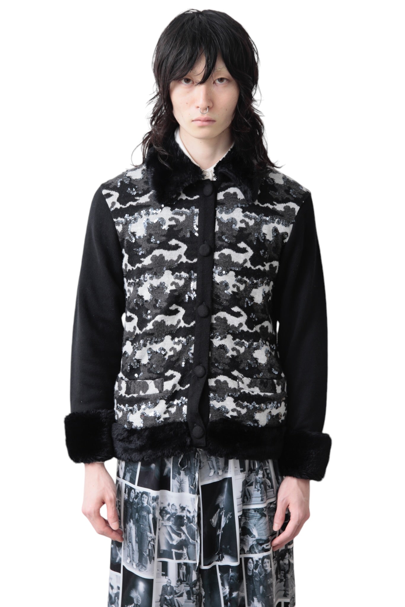 SEQUINS CAMO BUTTON UP FUR BLOUSON