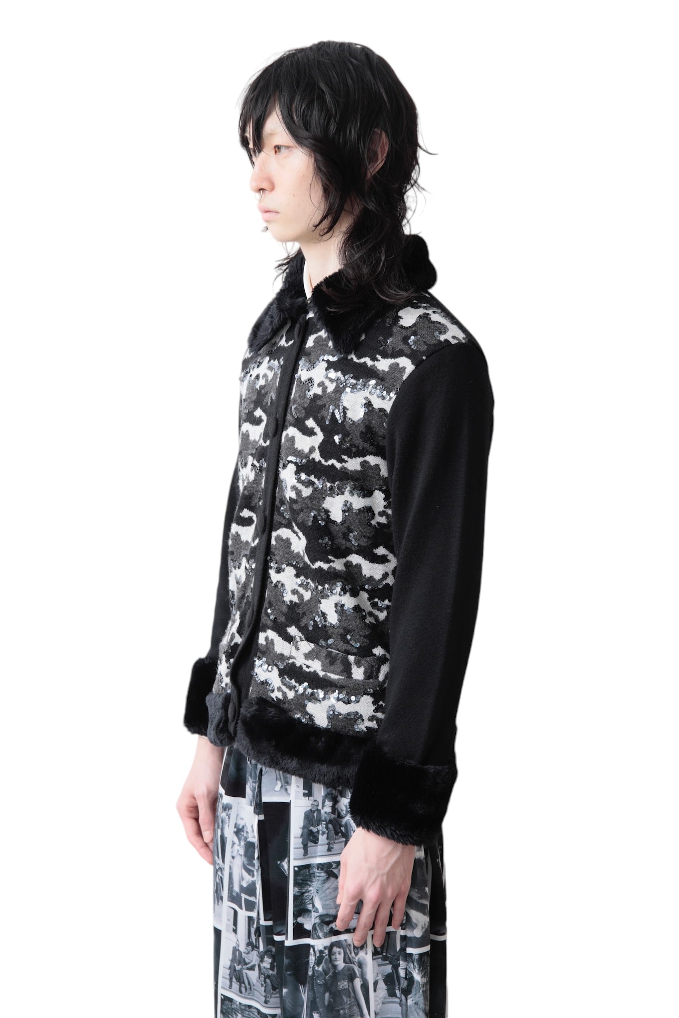 SEQUINS CAMO BUTTON UP FUR BLOUSON