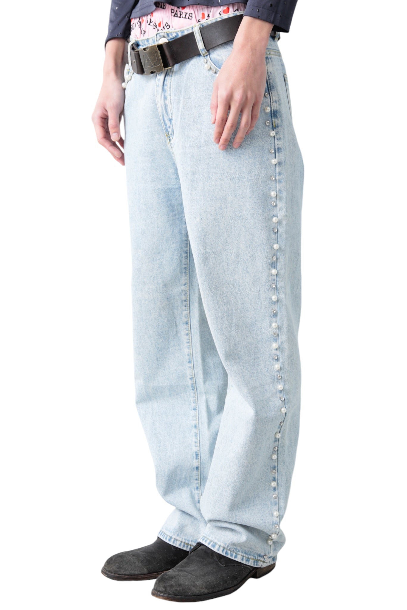 SIDE PEARL BLUE DENIM PANTS