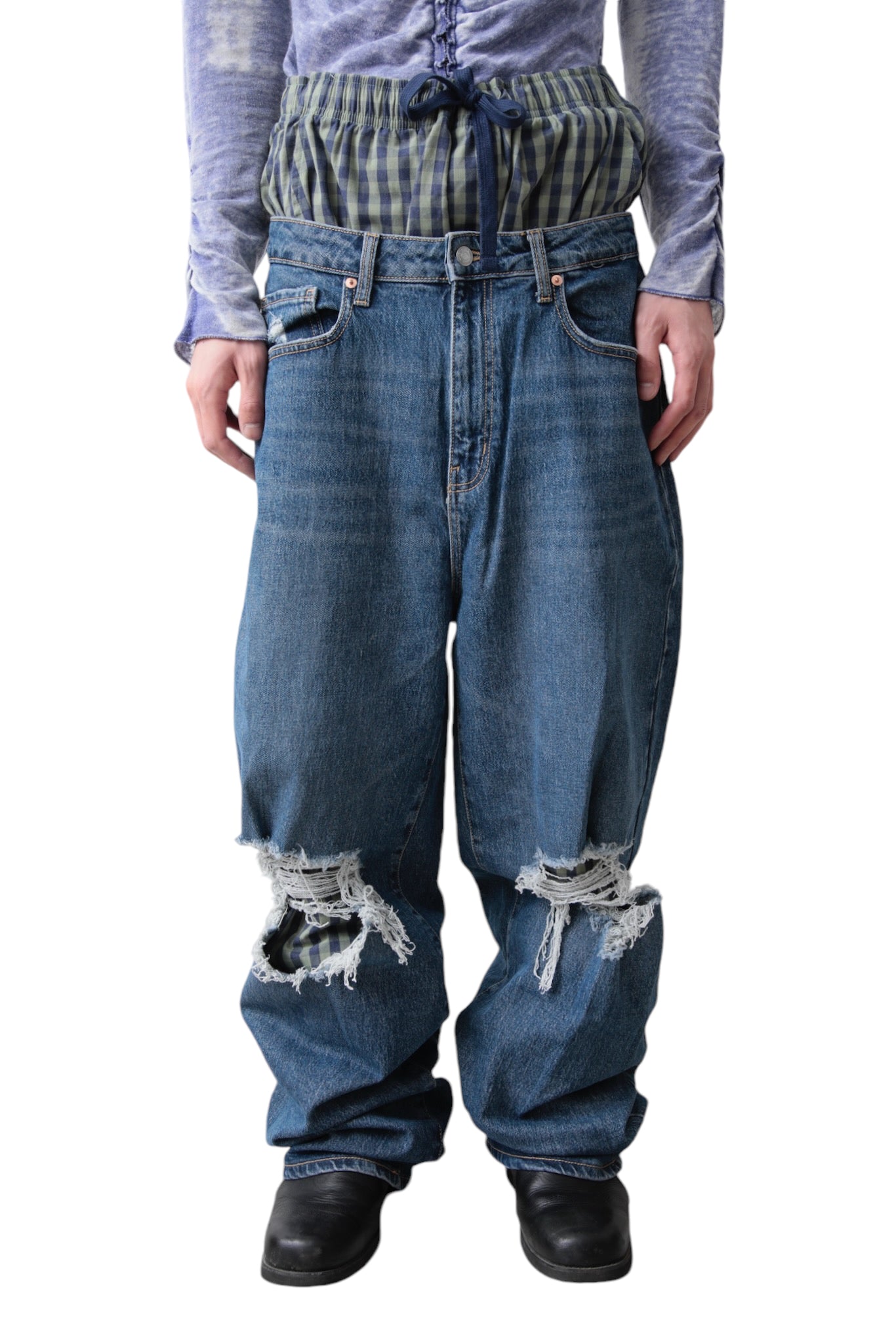 CRUSHED BLUE BAGGY DENIM PANTS