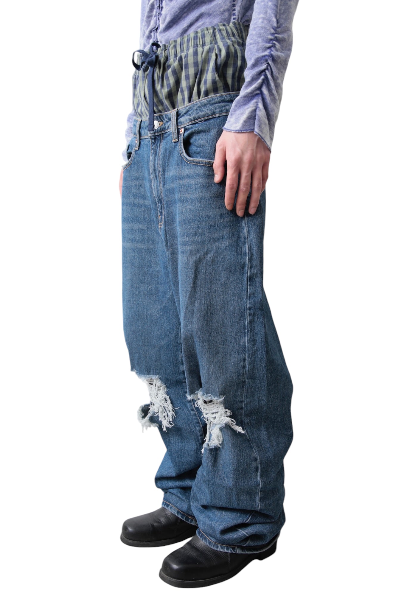 CRUSHED BLUE BAGGY DENIM PANTS