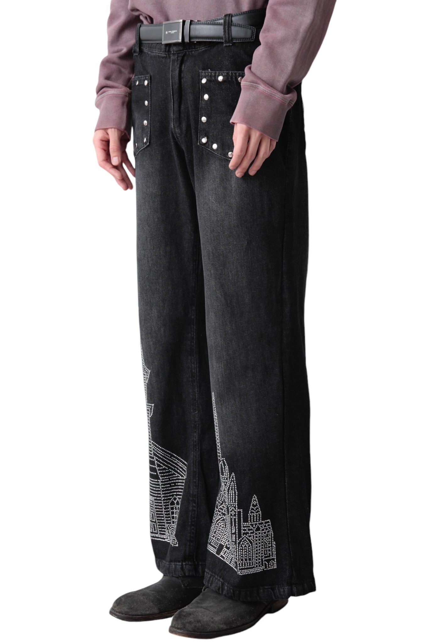 CASTLE RHINESTONE STUDS BLACK DENIM PANTS