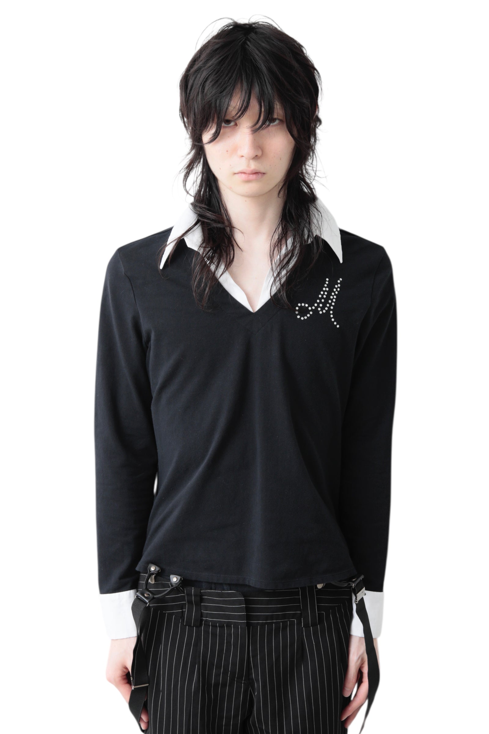 RHINESTONE V-NECK TOP DOCKING SHIRT