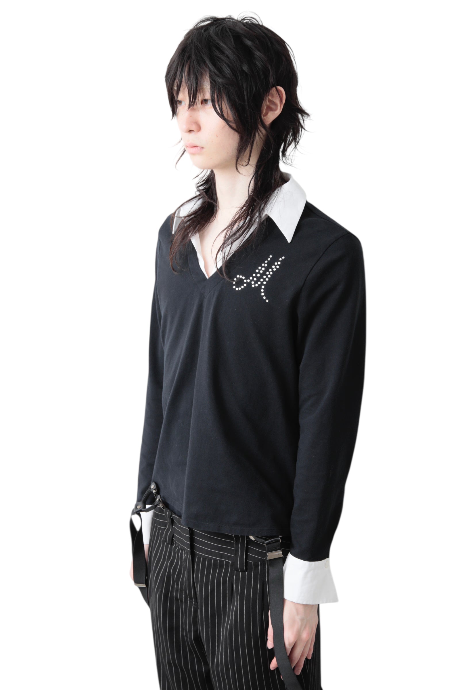 RHINESTONE V-NECK TOP DOCKING SHIRT