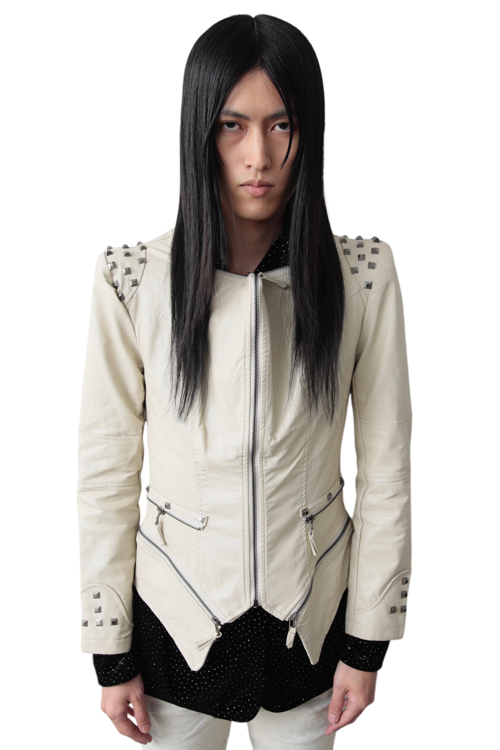 STUDDED NO COLLAR ZIP LEATHER JACKET