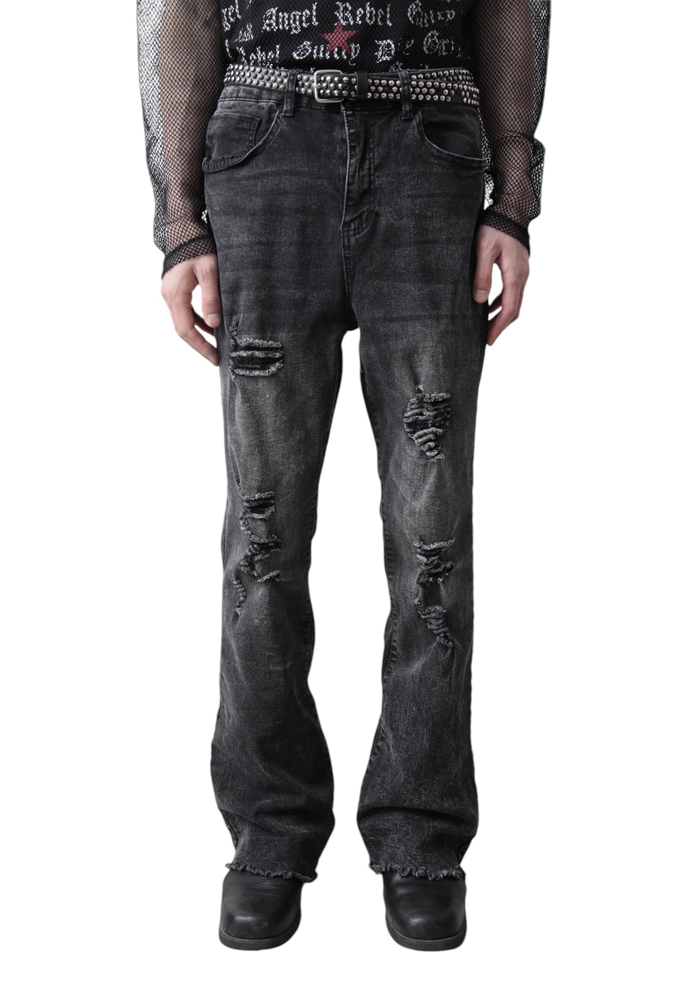 FADE BLACK CRUSHED FLARE DENIM PANTS